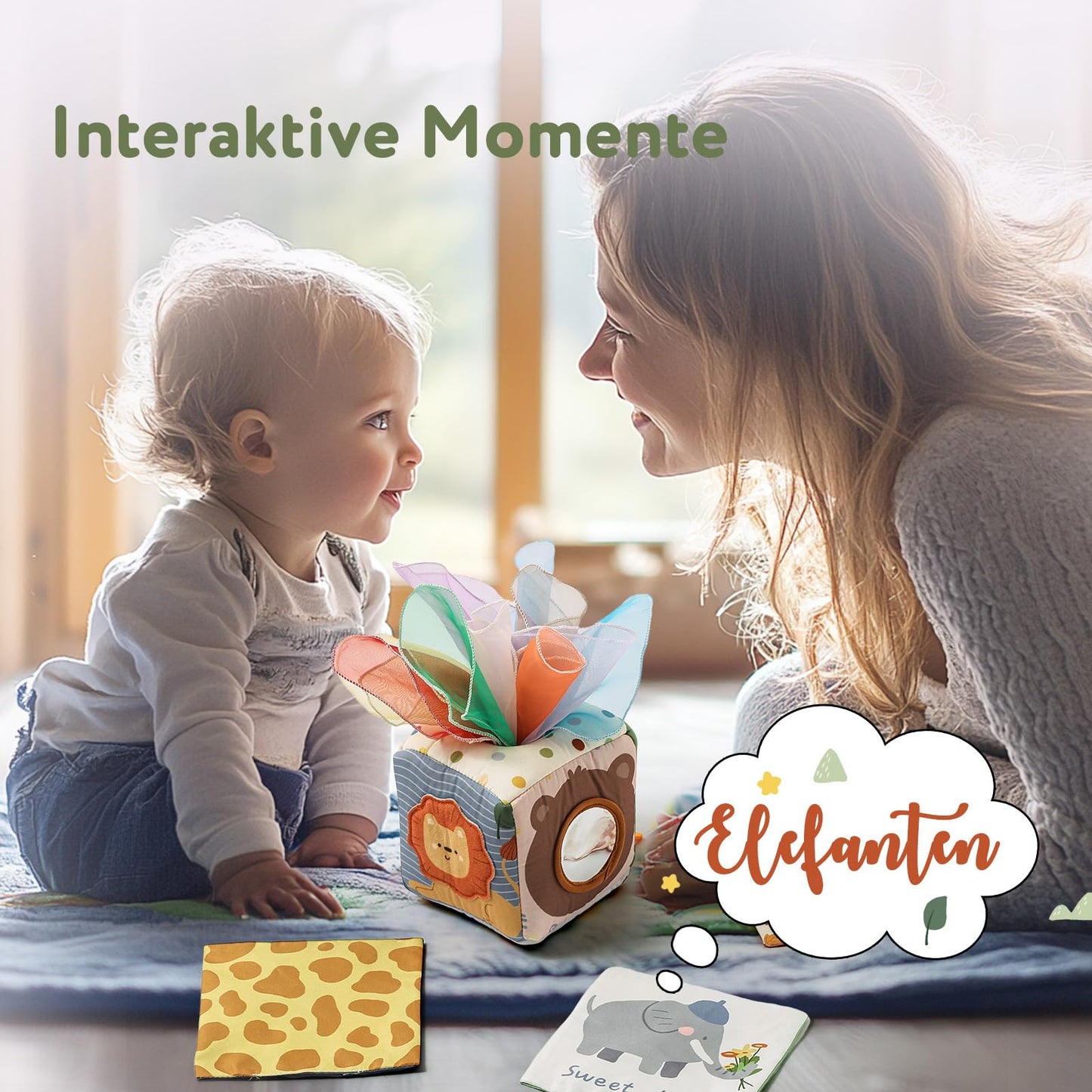 WOODEN TEETHER Tissue Box Montessori Motorikspielzeug, 6-12 Monate Sensorik Baby Spielzeug mit Spiegel, Farben, Texturen, Kinder Frühes Lernspielzeug für Jungen Mädchen Geschenke