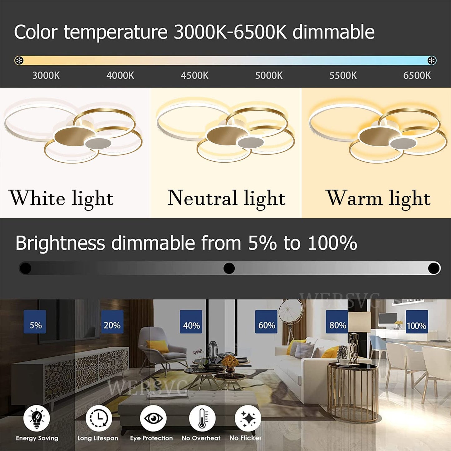 WERSVG L80cm Modern LED Deckenleuchte Wohnzimmer Deckenlampe gold 6-Ring Deckenleuchte 70W 5600LM Dimmbar 3500K - 6500KMit Fernbedienung flurlampe decke, für Wohnzimmer Schlafzimmer Küche Esszimmer