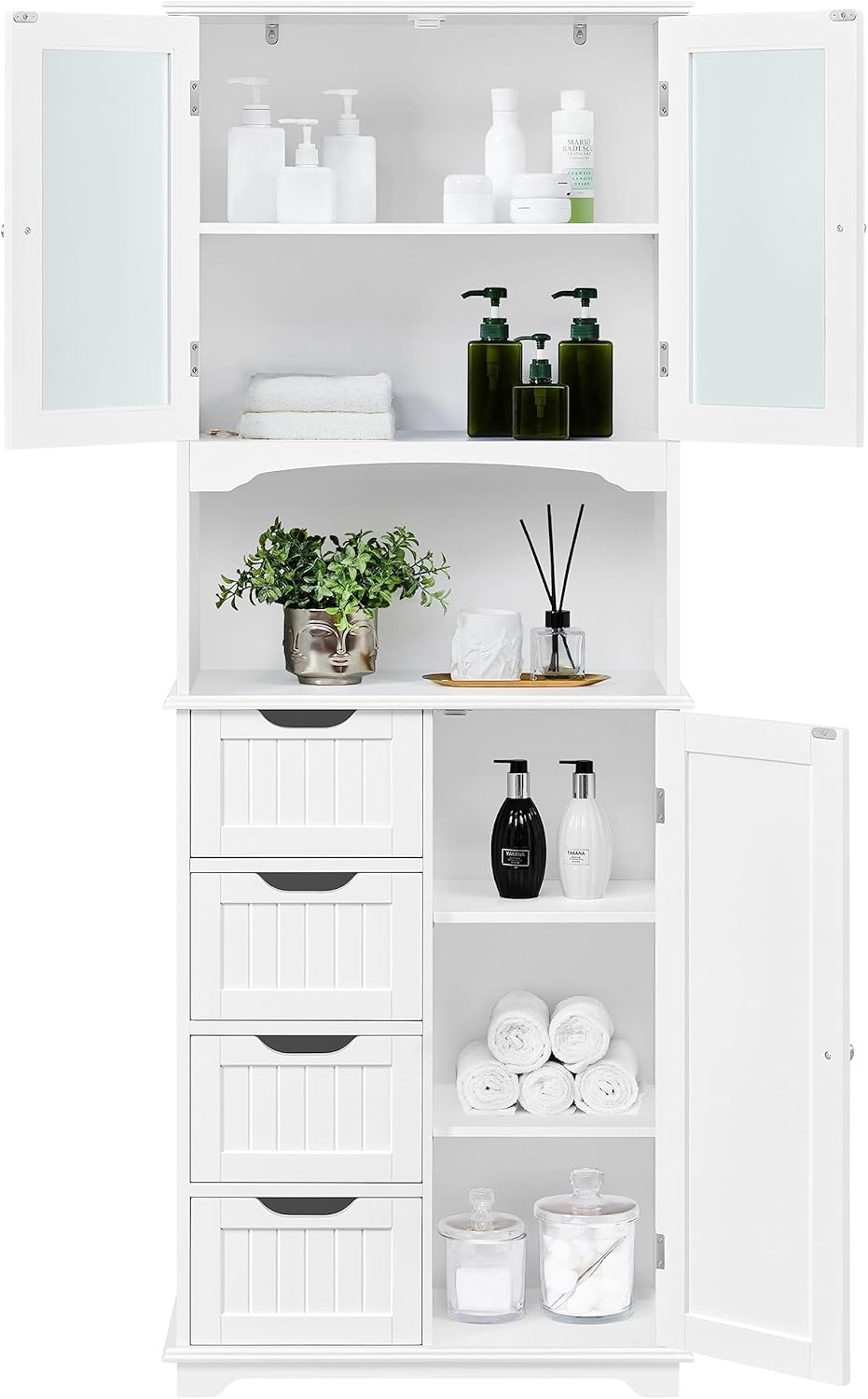 Yaheetech Tall Bathroom Cabinet, Kitchen Cabinet with Glass Doors and Storage Compartment, Storage Cabinet, Bathroom Chest of Drawers with 4 Drawers and Adjustable Shelf, 63 x 30 x 165.5 cm