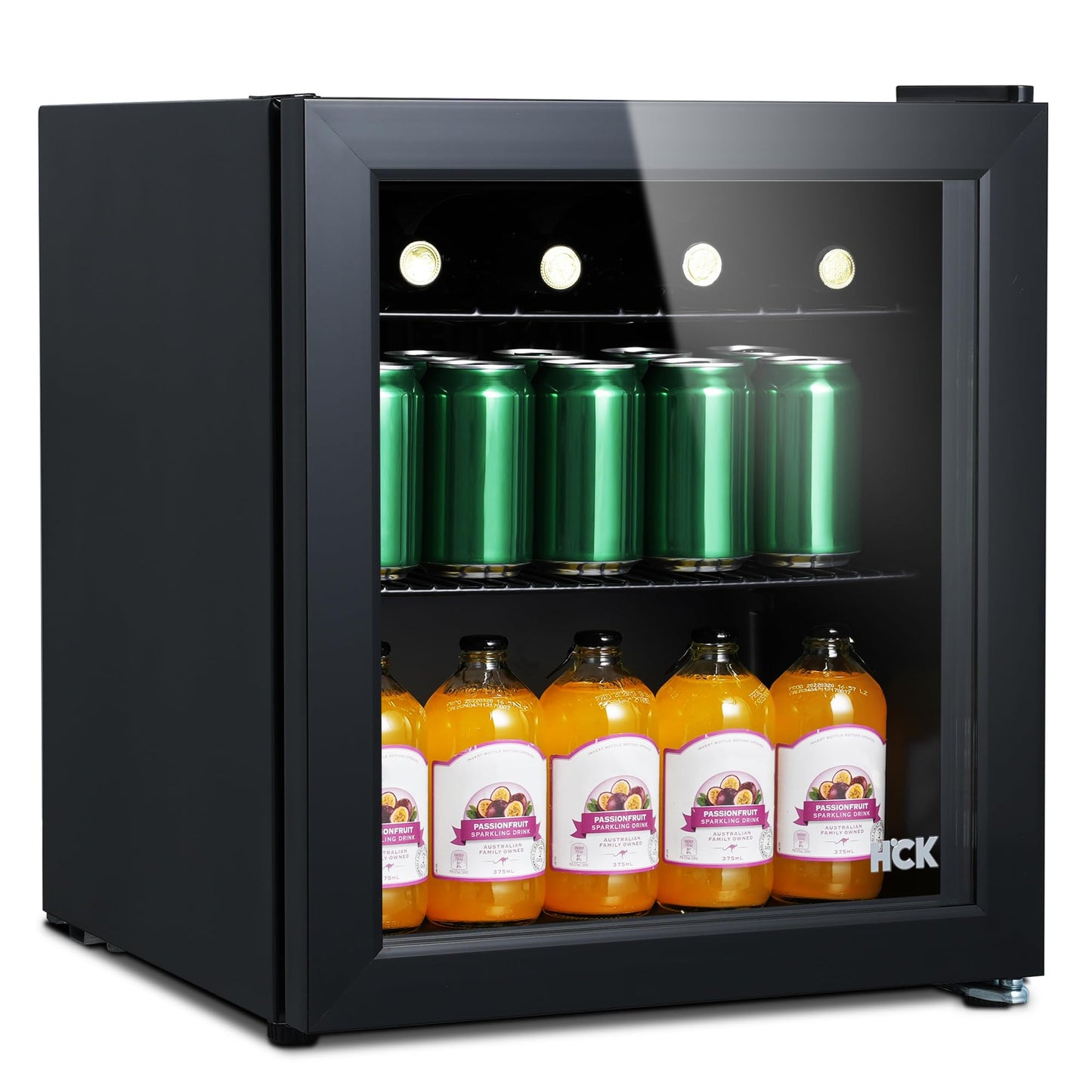 HCK 98L Getränkekühlschrank mit Cyberpunk RGB Beleuchtung, Minibar kleine Kühlschrank mit Glastür, lautlos 39dB, 0-15°C, Bierkühlschrank für Spielzimmer, Küche, Schwarz