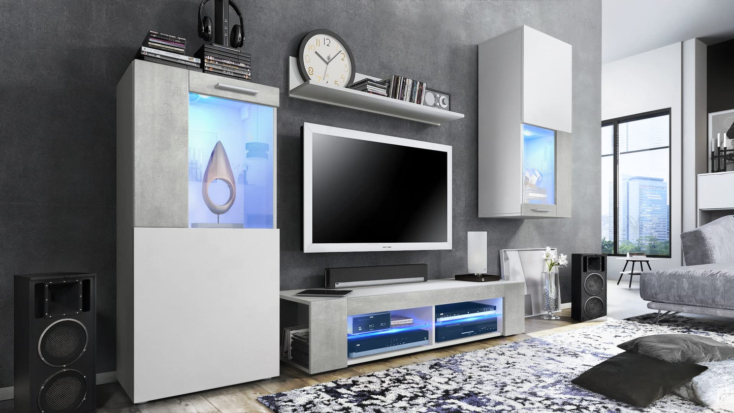 Vladon Wohnwand Movie, Anbauwand bestehend aus 1 TV-Board, 2 Vitrinen und 1 Regal, Weiß matt/Weiß matt/Weiß Hochglanz (Gesamt: 300 x 190 x 39 cm)