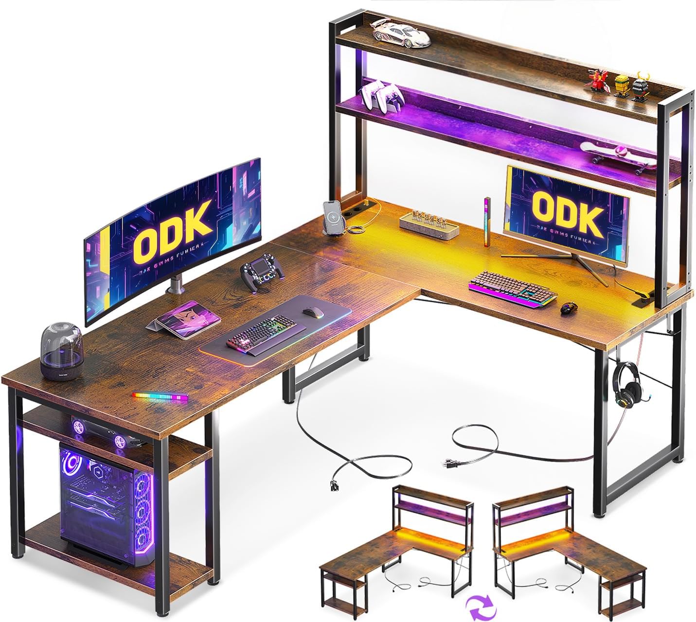 ODK Eckschreibtisch Weiß mit Stall, 150×120 cm Reversibel Gaming Tish L Form mit LED, Computertisch mit USB-Ladeanschluss&Steckdose, Gaming Schreibtisch für das Heimbüro