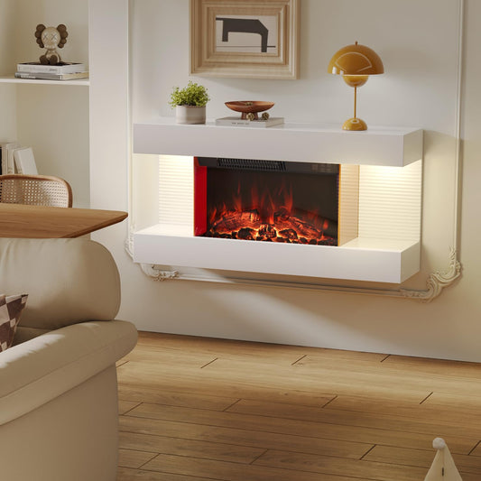 M.C.Haus Wandmontierter Elektrokamin mit 12 Flammenfarben und 3 Helligkeitsstufen | Timer-Funktion & Überhitzungsschutz | Moderner LED-Heizkamin (32in/82cm, weiß)