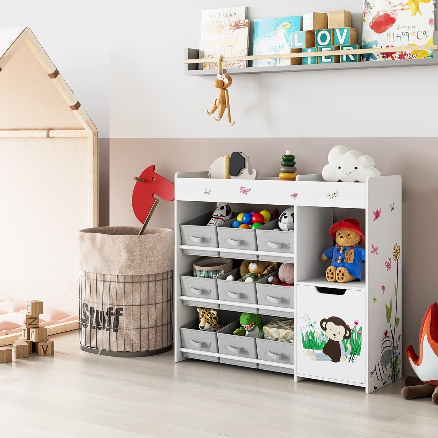 HOCSOK Spielzeugregal 2 Set, Kinderregal mit 4 Aufbewahrungsboxen, Bücherregal Kinder mit 9 Stoffschublade, Spielzeug-Organizer für Kinderzimmer, Schlafzimmer, Kindergarten