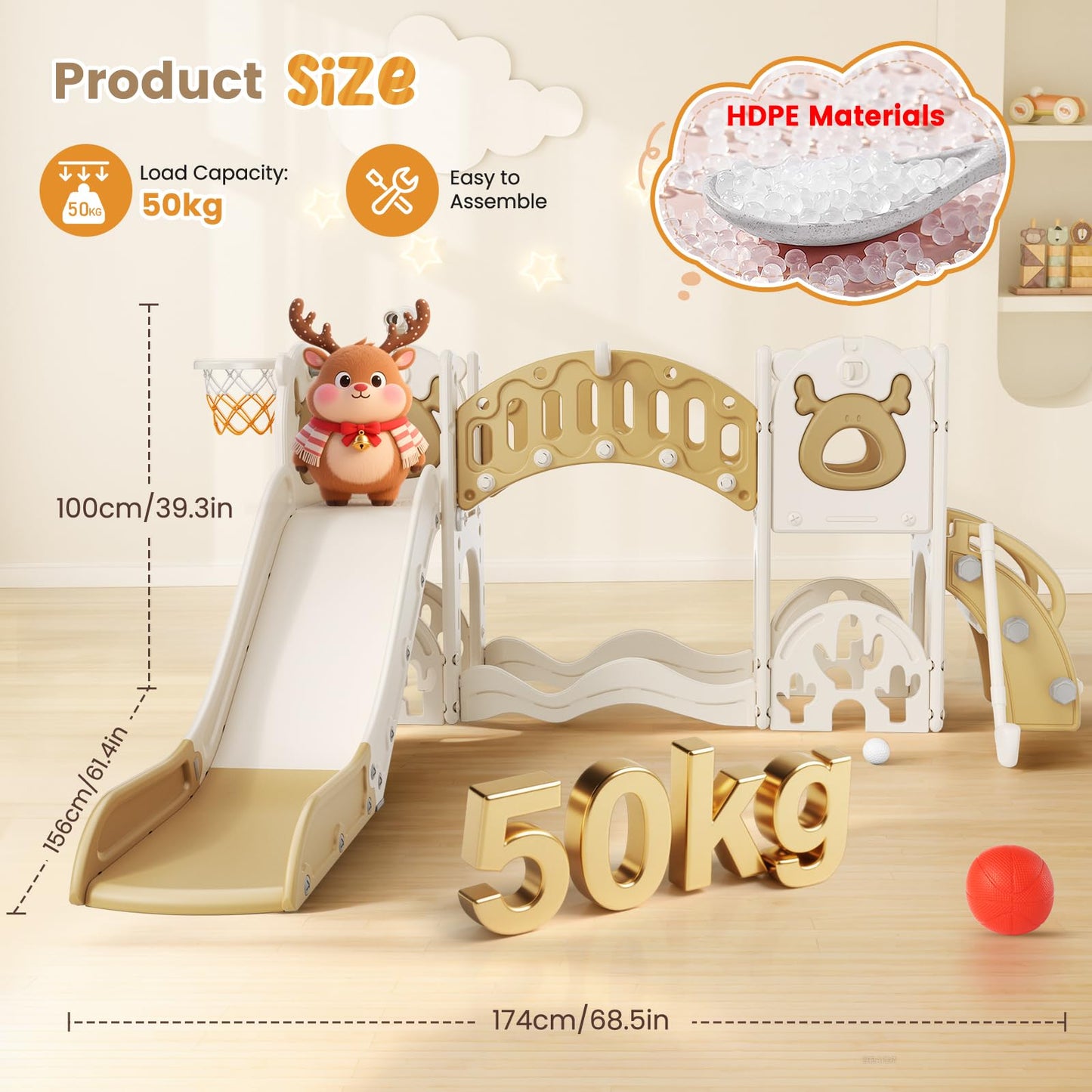 Krovtoy Kleinkindrutsche mit Weihnachtselch-Motiv, freistehende Kleinkindrutsche mit Golf-Set, Babyrutsche, Spielplatzgerät, für den Innen- und Außenbereich (Grau Beige - 6 in 1)