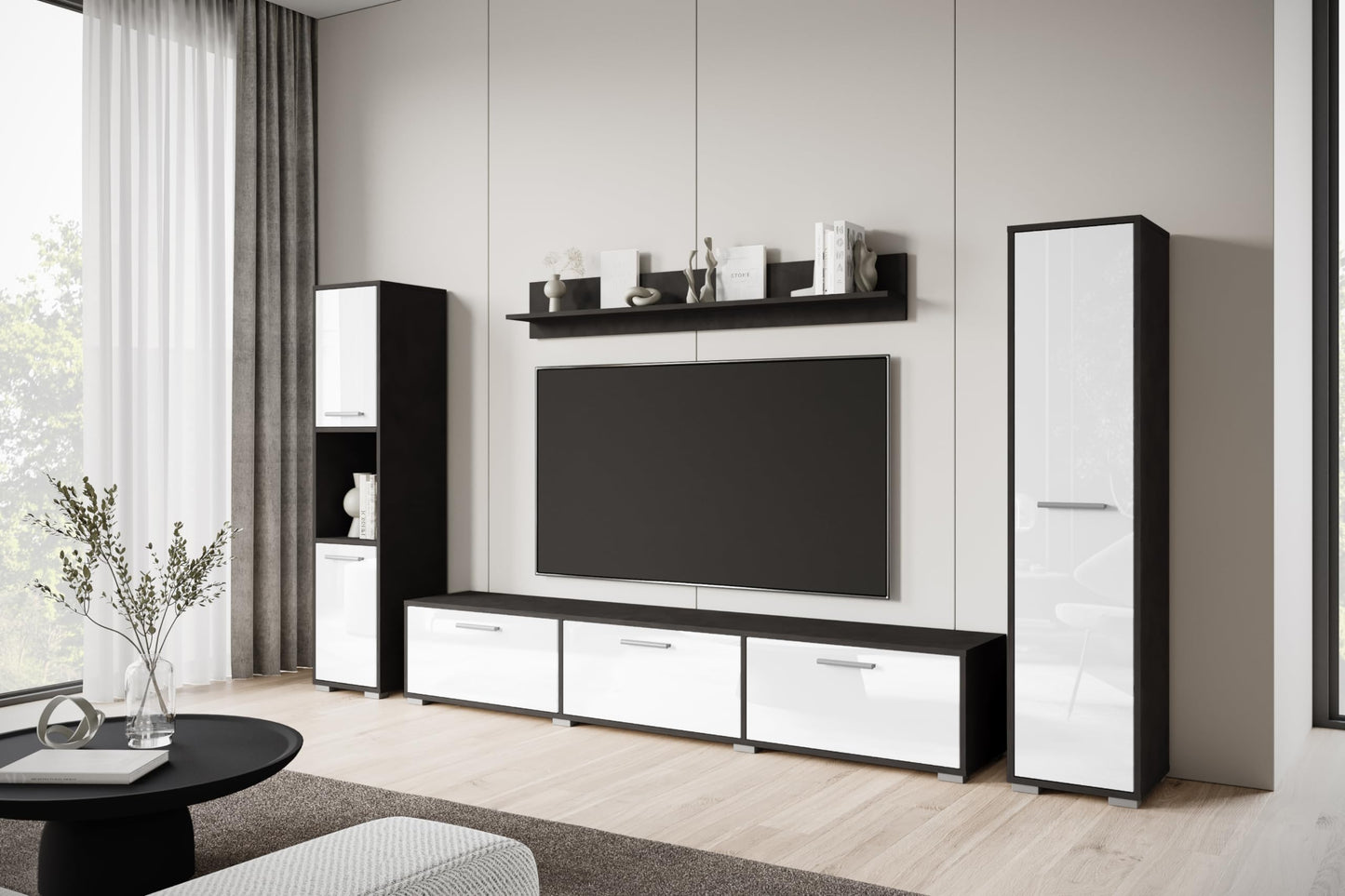 MINIO go for it - Living Room Wall Unit 4-Piece Toga, Living Room Furniture Set, 1 x TV Lowboard, 2 x Tall Cabinet, 1 x Wall Board, Living Room Furniture Complete, Living Room Set - Colour Wotan Oak
