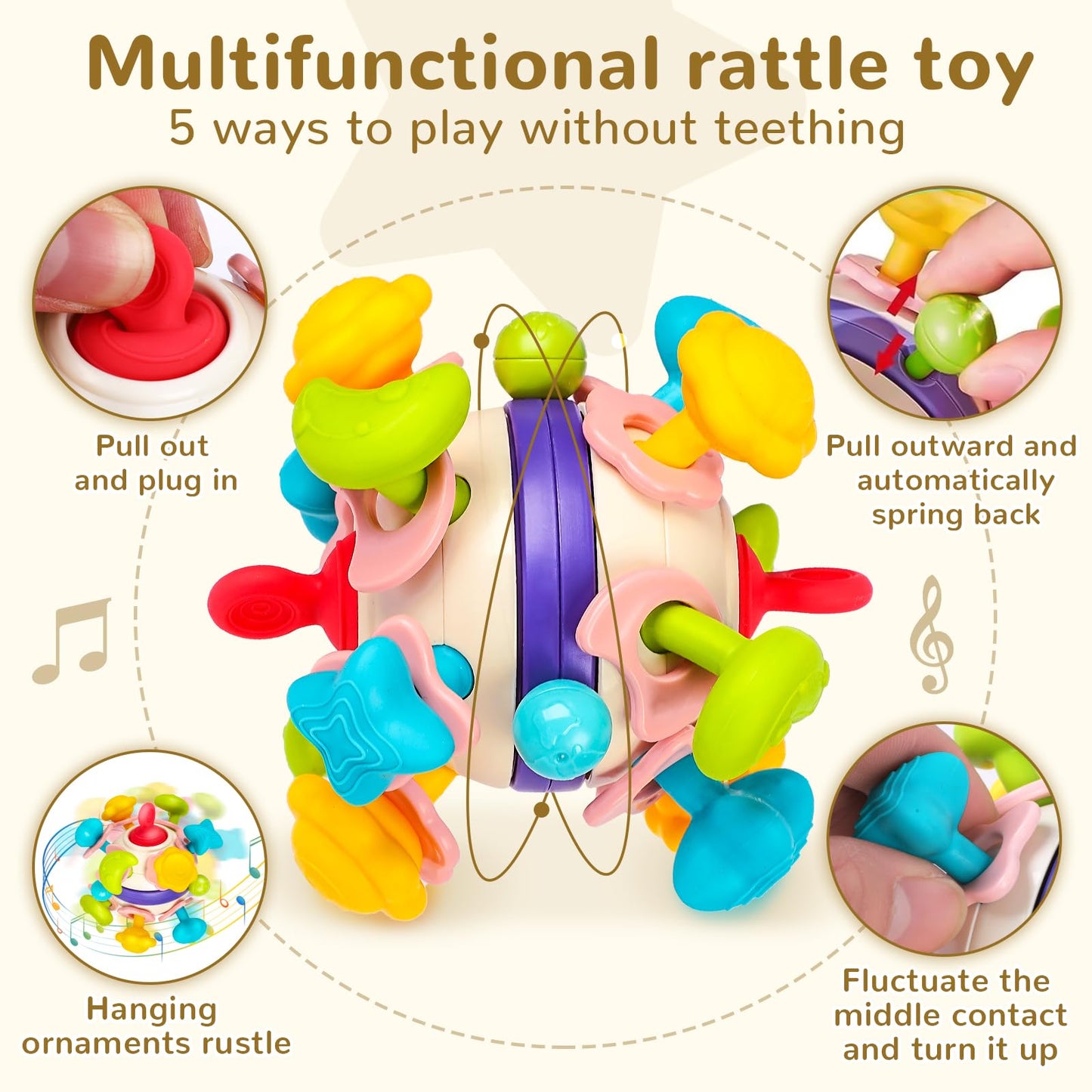 Grab Ball Baby Toy, Sensory Teether Toys, Silicone Teether Motor Skills Toy, Montessori Early Education, Baby Rattle Baby Toy for Babies 3-18 Months