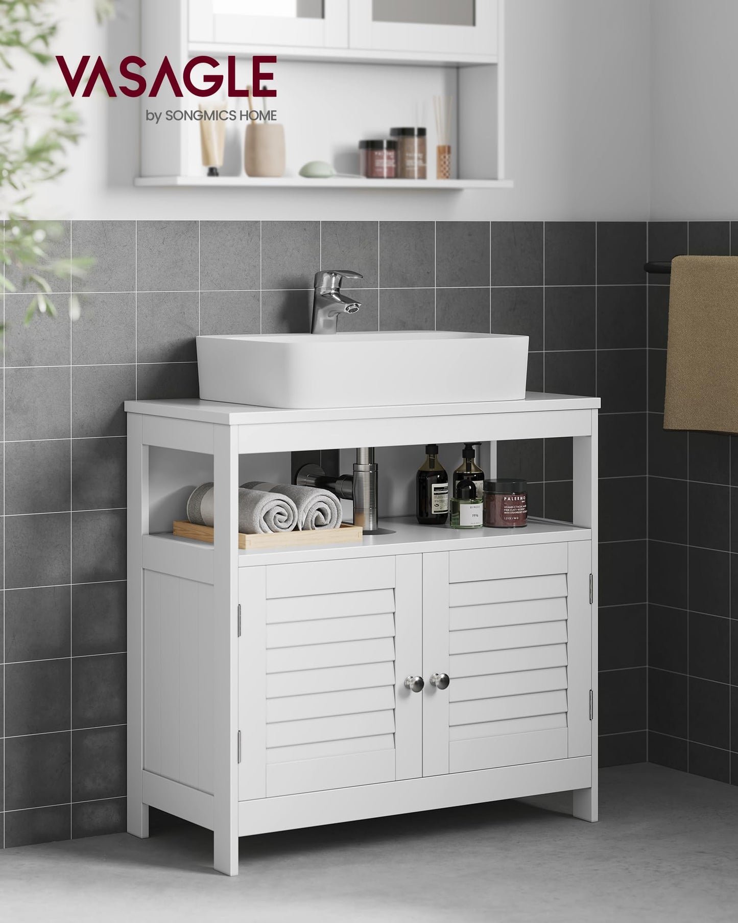 Vasagle BBC05WT Scandinavian Style Bathroom Cabinet, Storage Cabinet 60 x 30 x 60 cm with 2 Slat Doors, Adjustable Shelf with Handles - Matt White