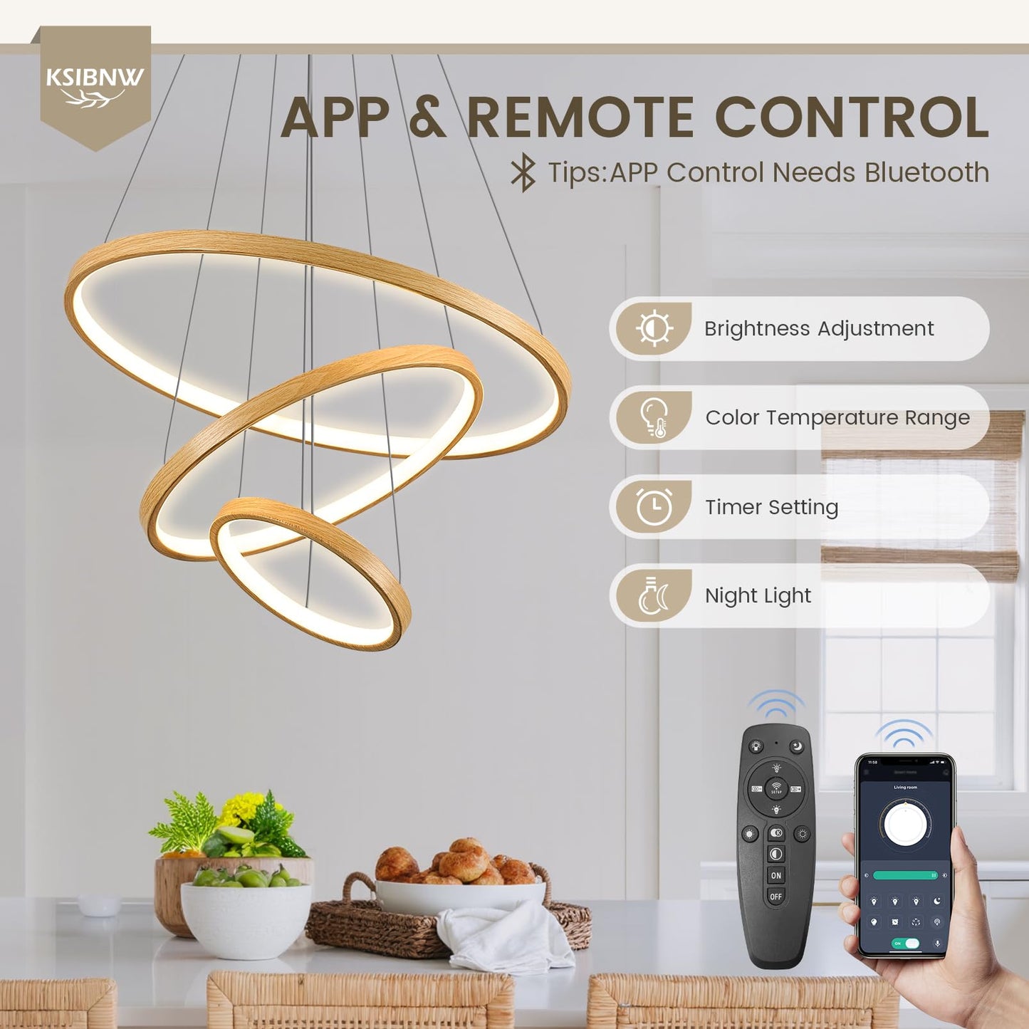 KSIBNW 3 Ringen Moderne LED Hängelampe Esstisch,45W LED Hängeleuchte & Pendelleuchten Höhenverstellbar für Esszimmer Wohnzimmer,Dimmbar Hängeleuchte Aluminium Mit Fernbedienung,3000K-6500K,Schwarz