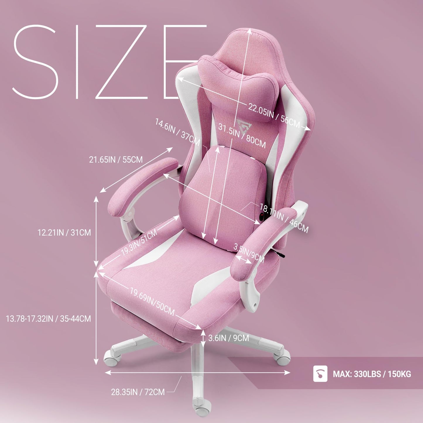Vigosit Gaming Chair with Heated Massage Lumbar Support, Fabric Gamer Chair with Bag Spring Cushion and Footrest, Horse and High Gamer 150 kg Load Capacity (Pale Pink)