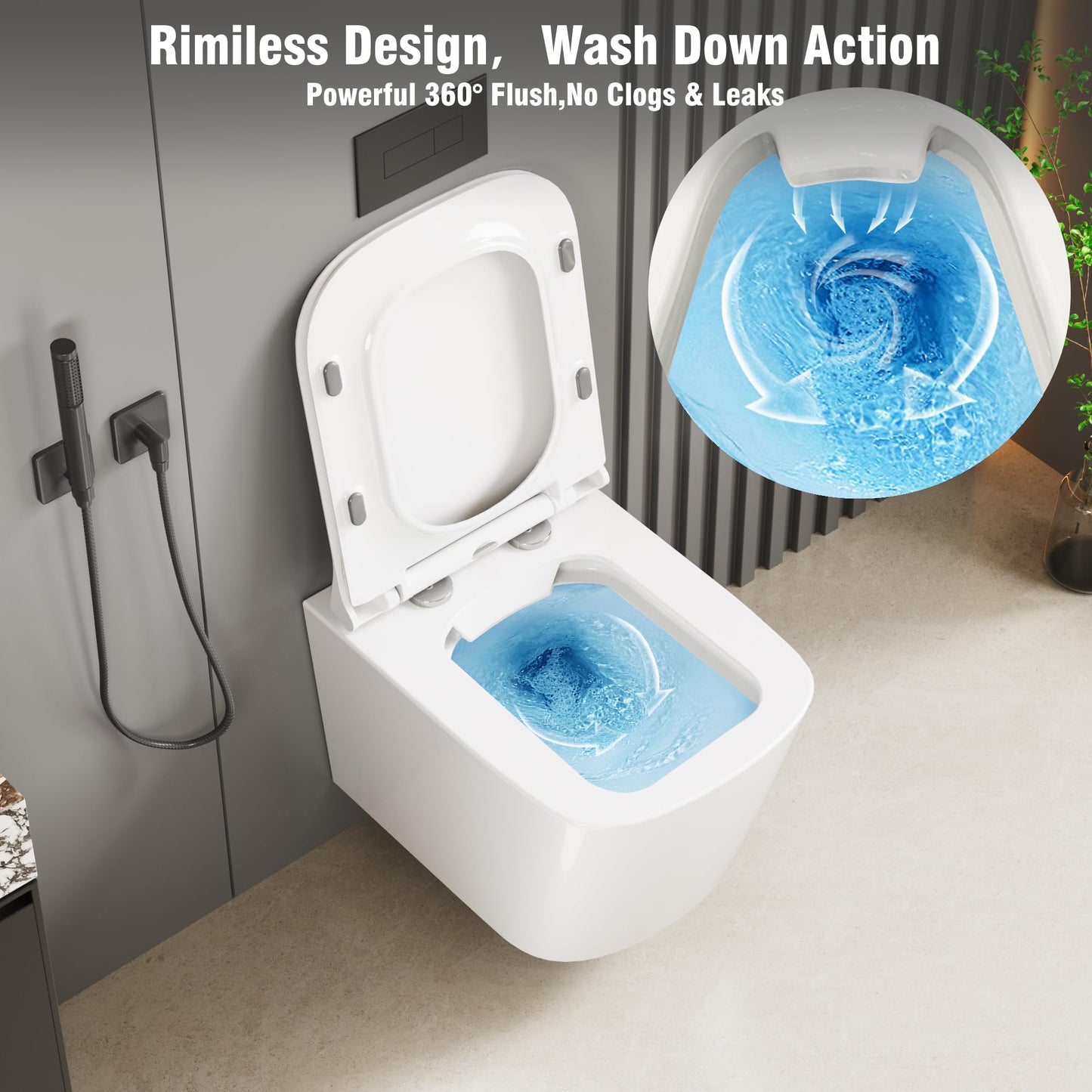 Hängend WC Spülrandlos Toilette, Wand-WC Set aus Keramik mit Toilettendeckel Abnehmbaren Absenkautomatik Effizienter Spültechnik Hängetoilette, D-Form,Lang 51cm, Weiß