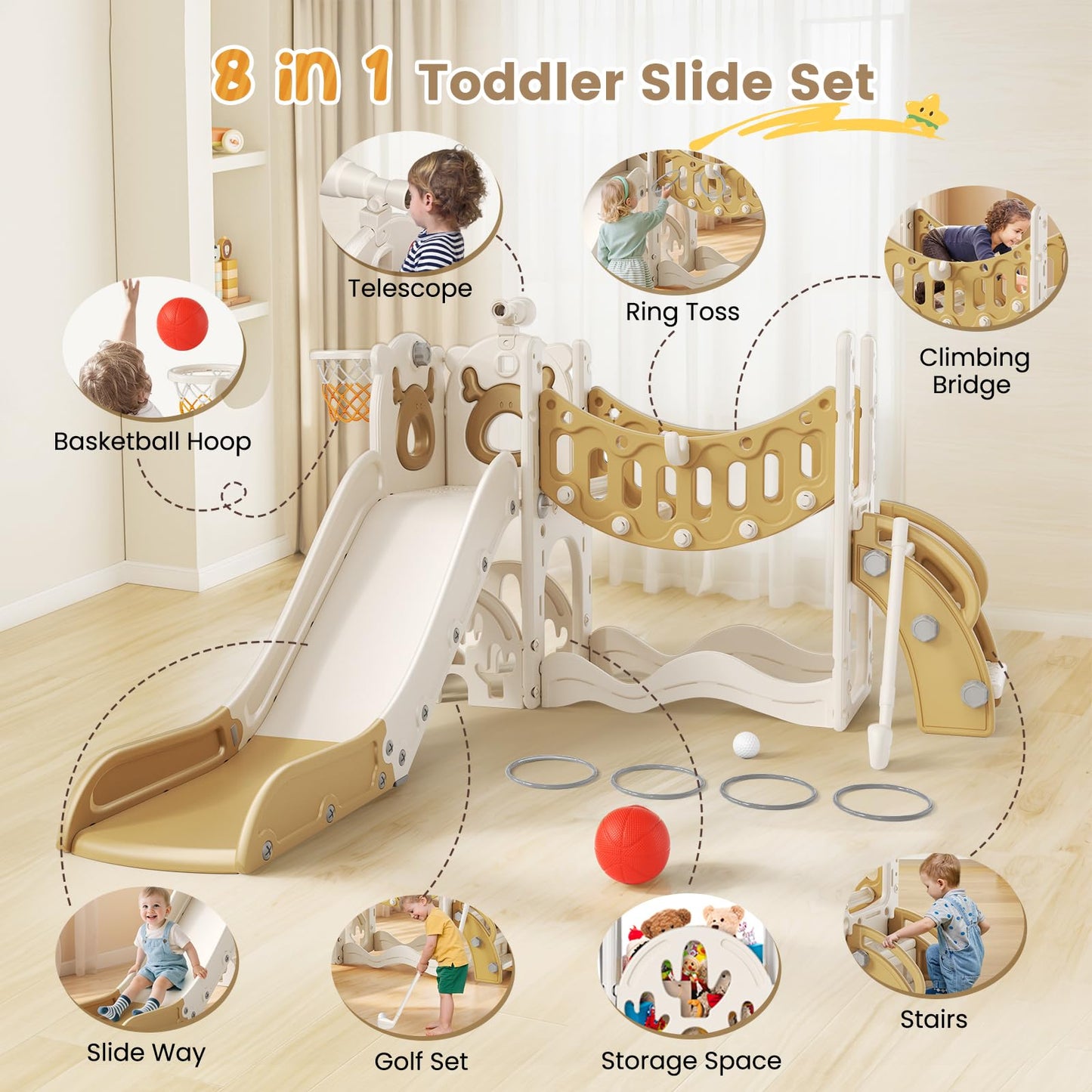 Kinderrutsche, Kleinkindrutsche mit Weihnachtselchmotiv Kleinkinderrutsche mit Golfset, Babyrutsche, Spielplatzgerät, für den Innen- und Außenbereich freistehend Babyrutsche (Khaki-6-in-1- Active)