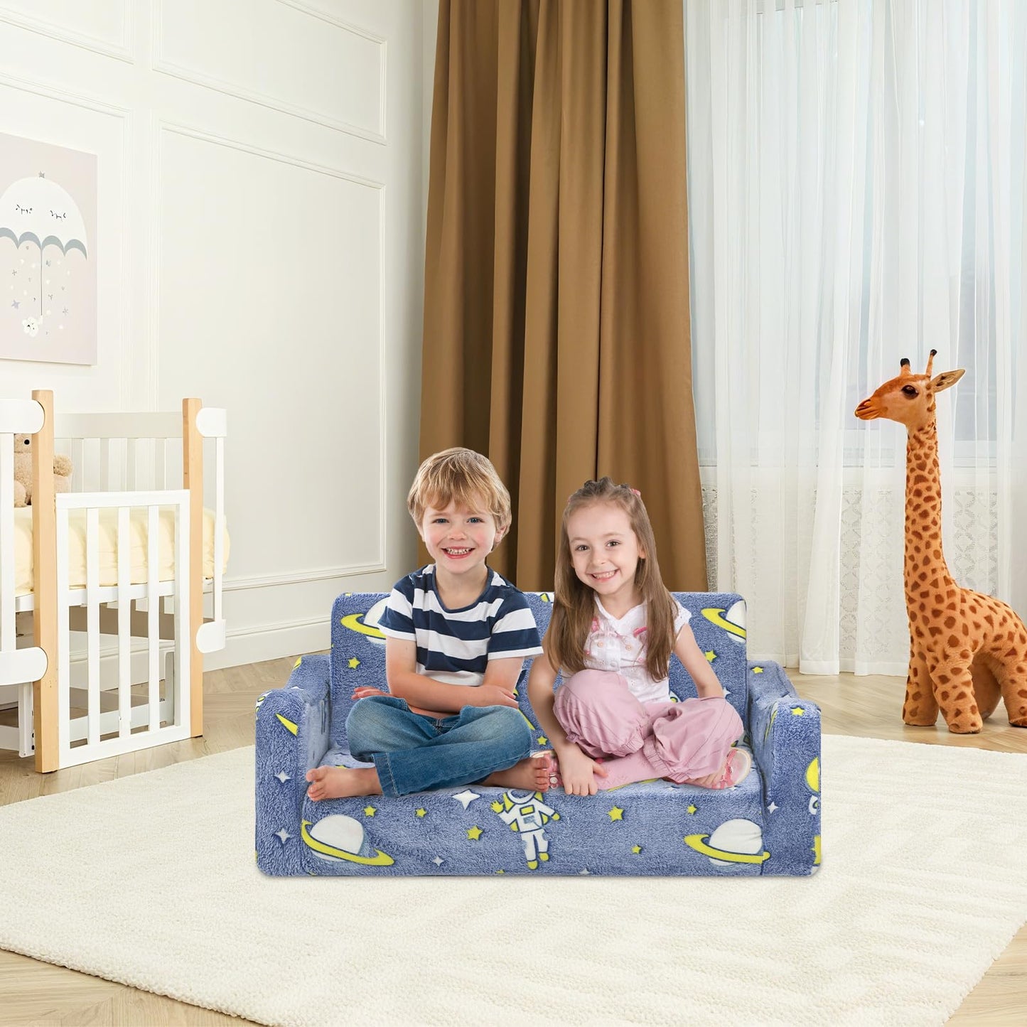 Children's Sofa Fold-Out 2-in-1, Extra Large Children's Sofa Glows in the Dark with Sleep Function, Children's Chair for Children's Room, Playroom, Astronauts