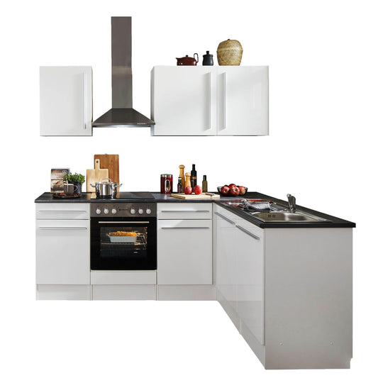 Jazz 8 Modern Corner Kitchen without Electrical Appliances in White High Gloss, Metallic Grey - Spacious Kitchen Unit in L-Shaped with Lots of Storage Space - 220 x 211 x 60 cm (W x H x D)