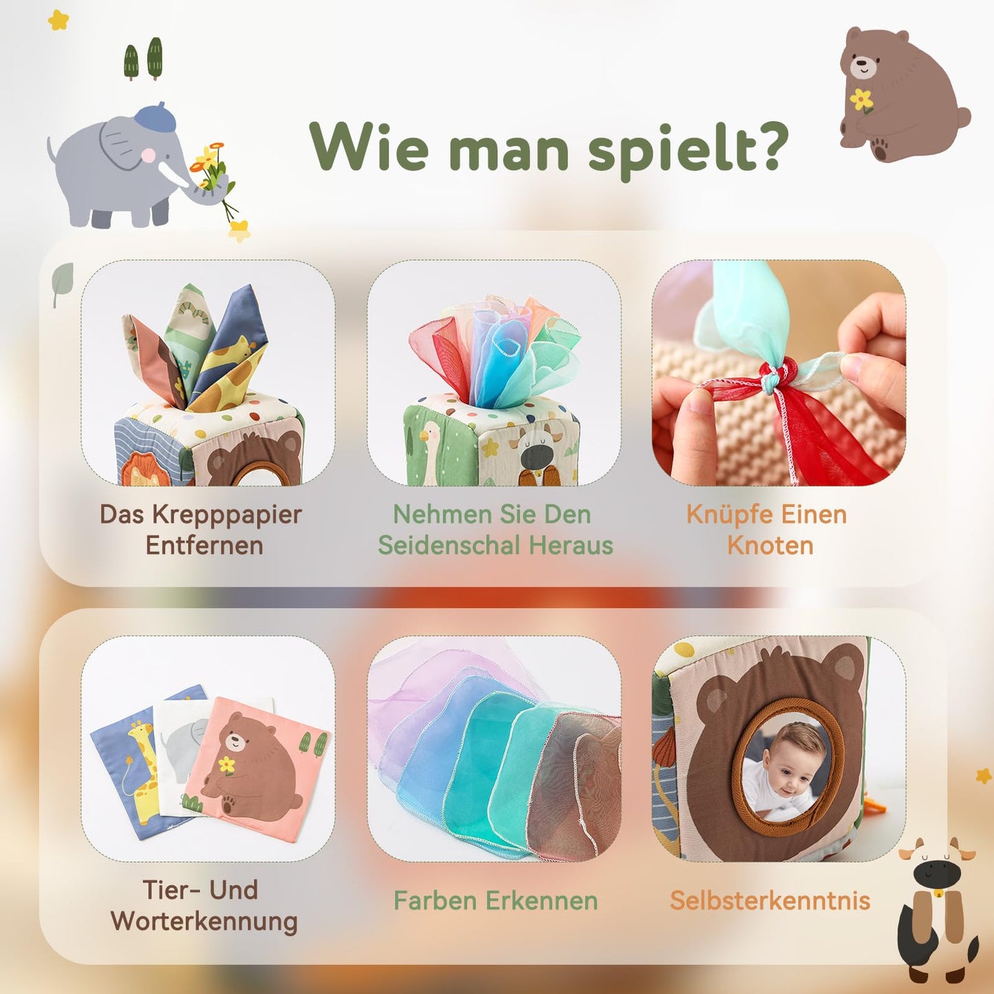 WOODEN TEETHER Tissue Box Montessori Motorikspielzeug, 6-12 Monate Sensorik Baby Spielzeug mit Spiegel, Farben, Texturen, Kinder Frühes Lernspielzeug für Jungen Mädchen Geschenke