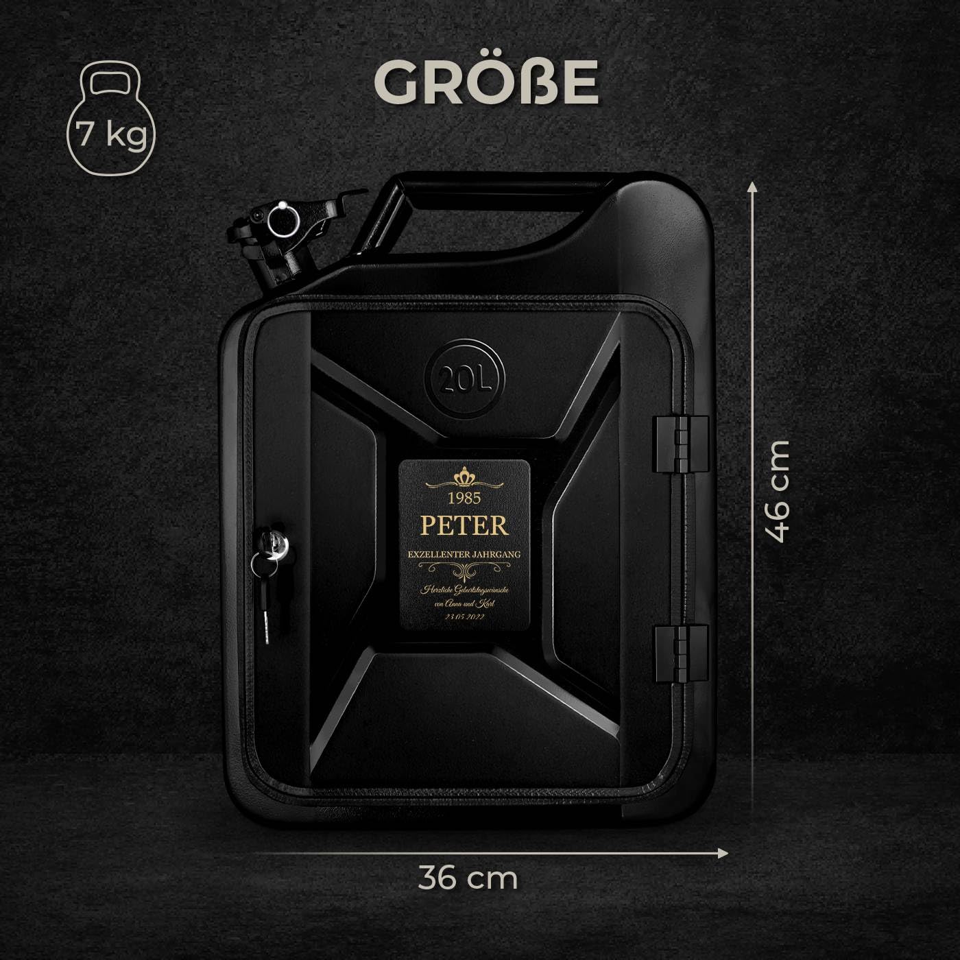 Maverton 20L Kanister Mini Bar mit Gravur - Jerrycan schwarzer Metall Mobile Bar - Geburtstagsgeschenk für Männer personalisierte Geschenke für Männer - Abschließbarer Minibar - Größe: 36x47x18cm