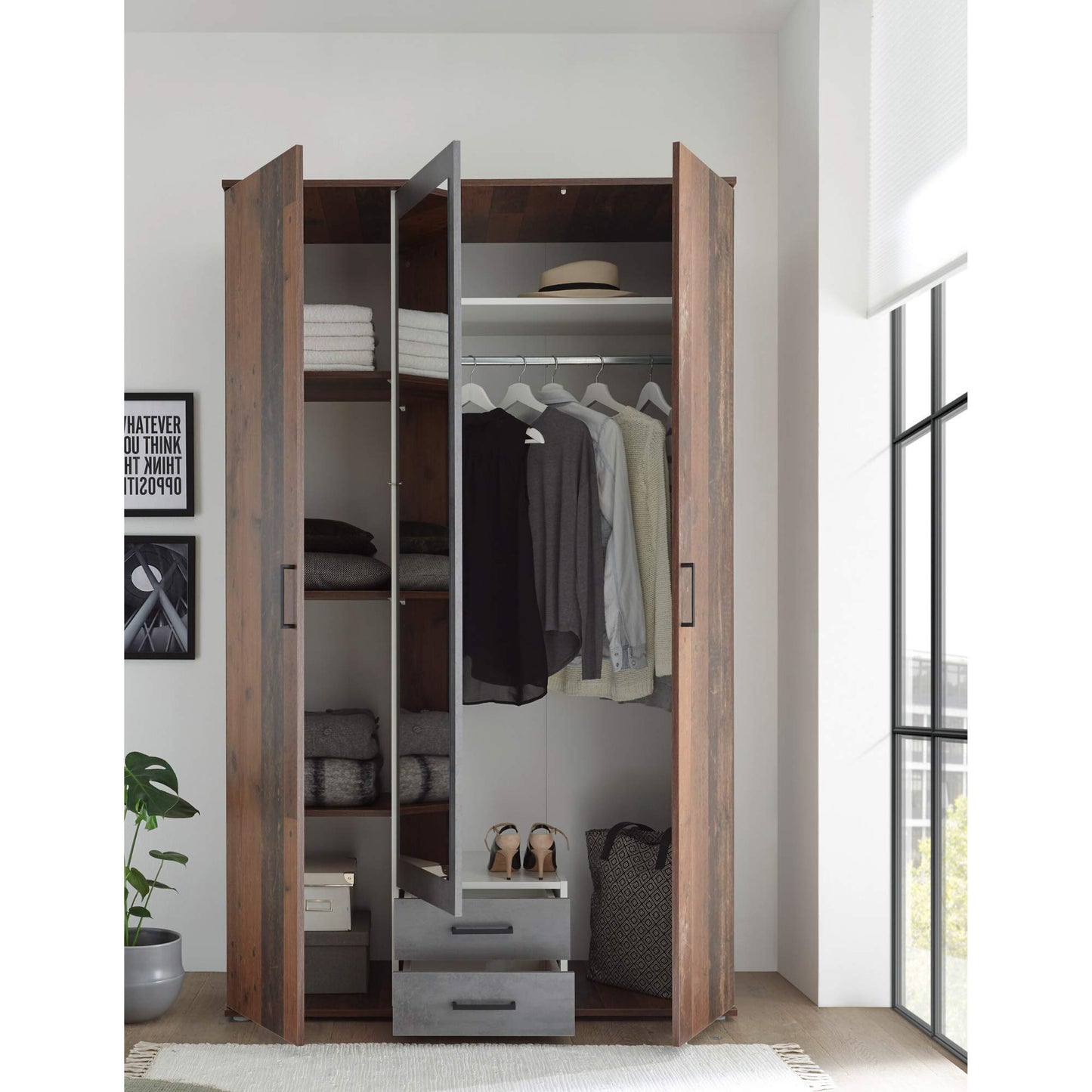 Stella Trading CHICAGO Eleganter Kleiderschrank mit viel Stauraum - Vielseitiger Drehtürenschrank in Artisan Eiche Optik und Absetzungen in Anthrazit - 156 x 197 x 54 cm (B/H/T)