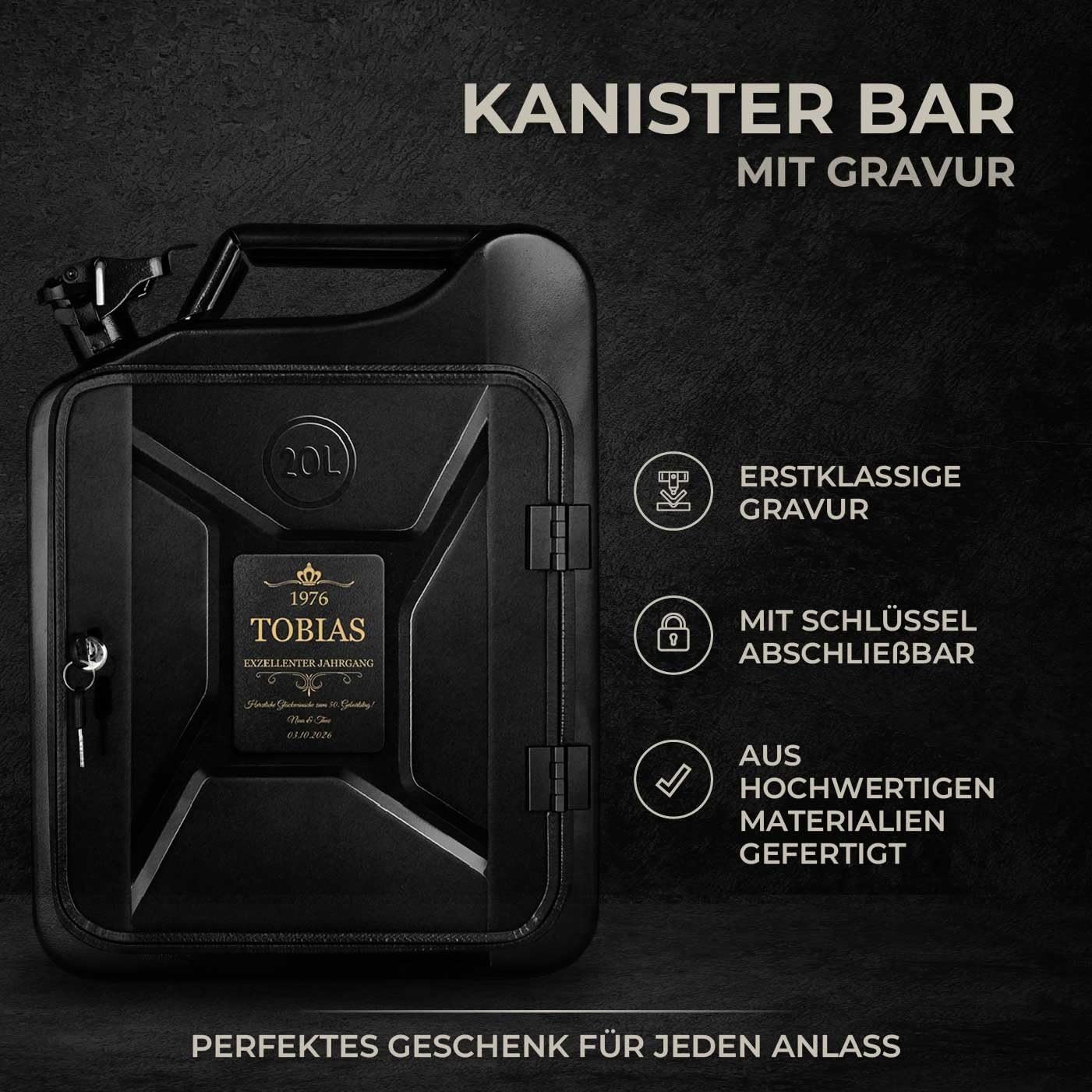 Maverton 20L Kanister Mini Bar mit Gravur - Jerrycan schwarzer Metall Mobile Bar - Geburtstagsgeschenk für Männer personalisierte Geschenke für Männer - Abschließbarer Minibar - Größe: 36x47x18cm