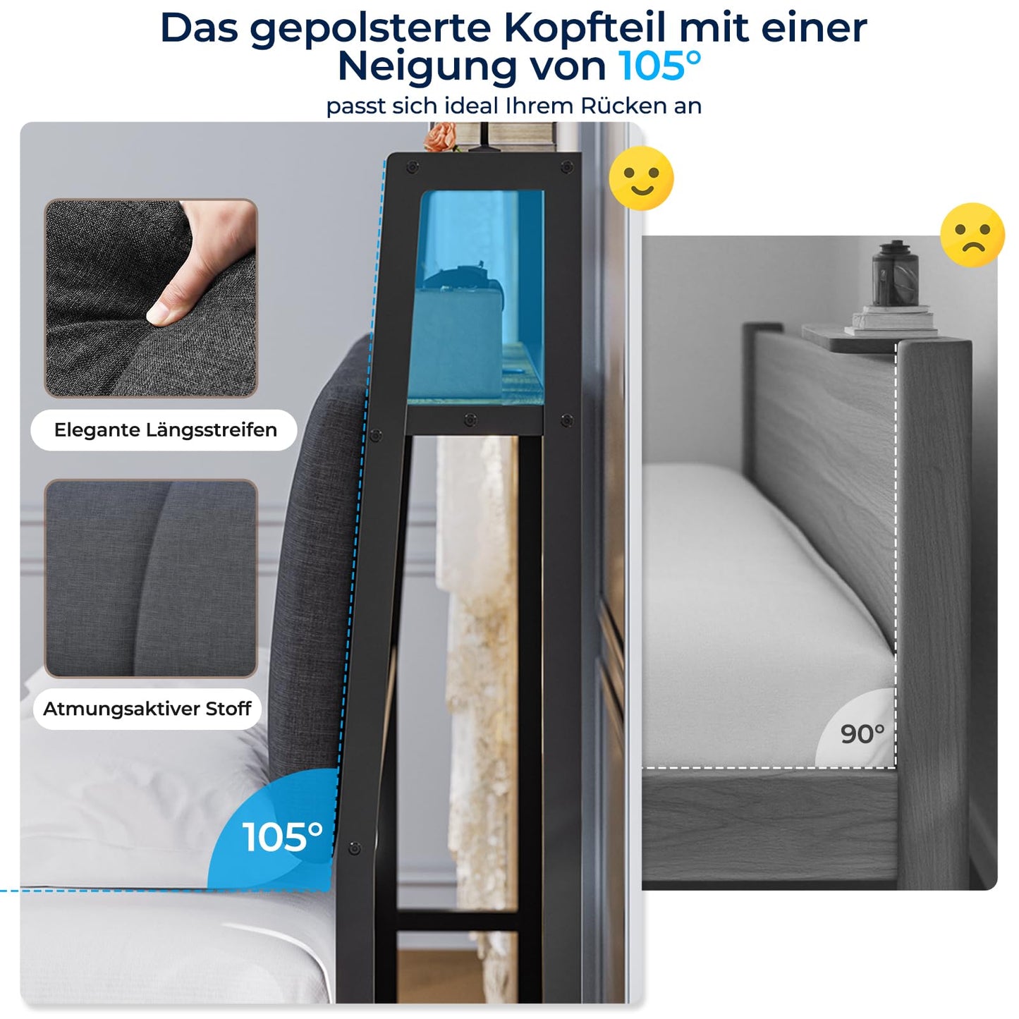 Brinlawb Bed 140 x 200 cm with Metal Slatted Frame, Bed Frame 140 x 200 cm with LED Lighting and Charging Station (2 AC Sockets & 2 USB Ports), Double Bed with 2 Large Drawers, Grey