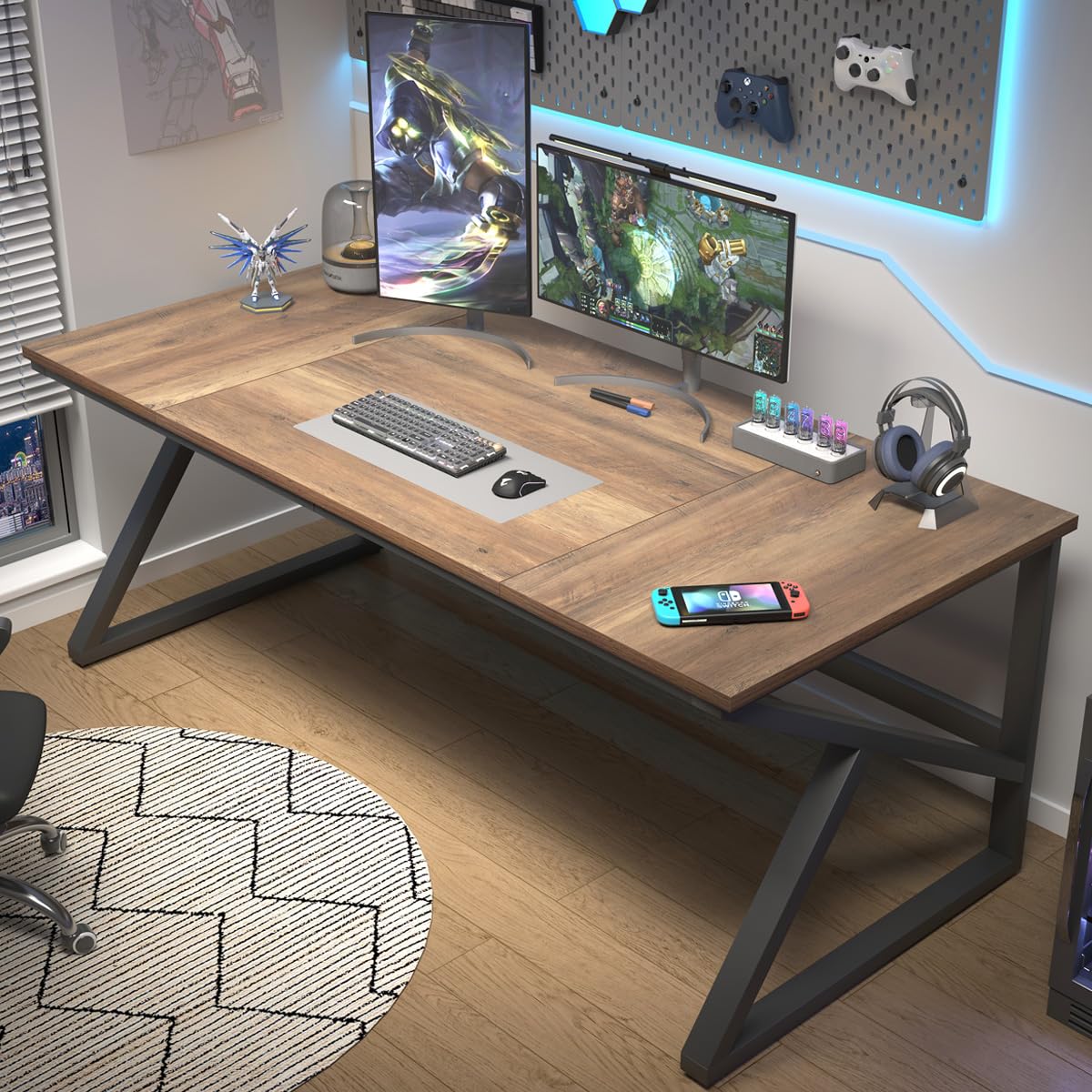 IBF Desk in Brown Colour with a Length of 70 Inches, Industrial Large Double Metal and Wood Desk for Computer, Long Office Table for Home