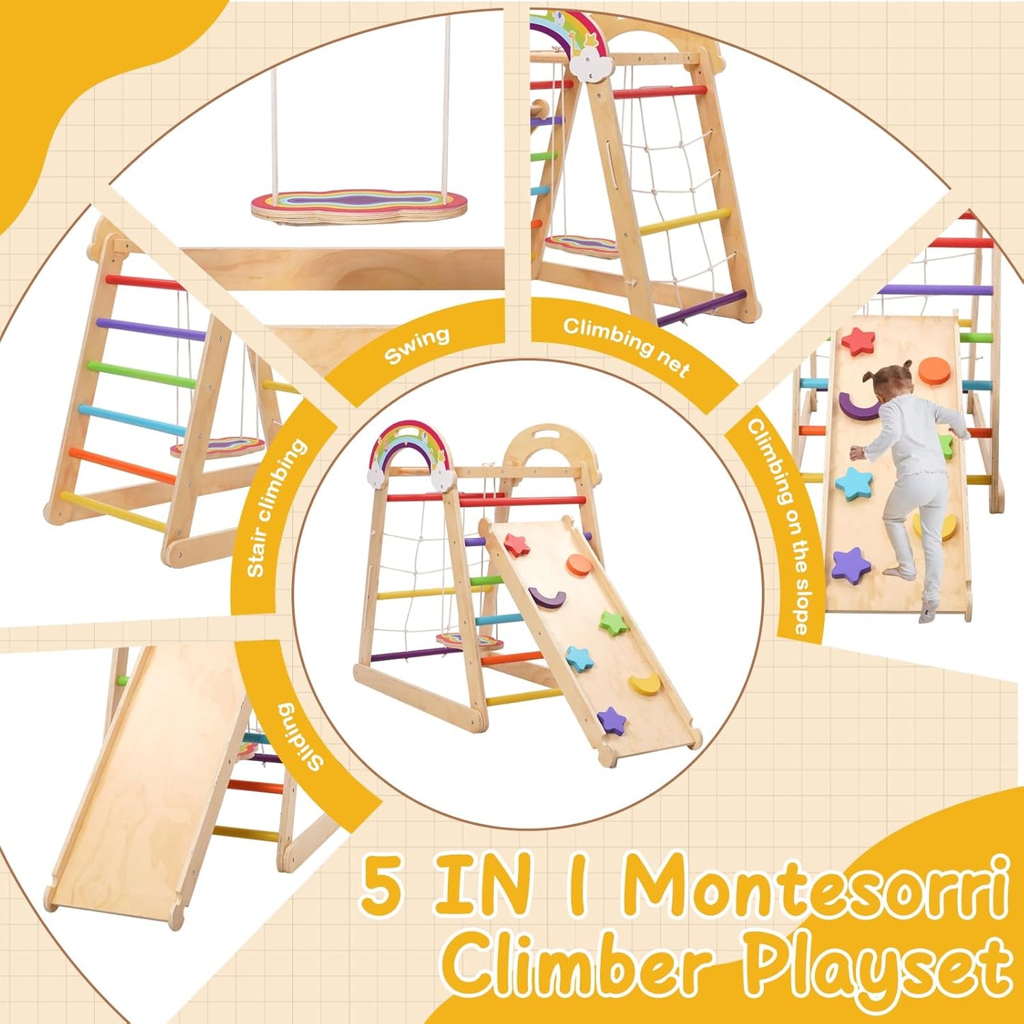 Yosamy Montessori Klettergerüst, 5 in 1 Indoor Spielplatz für Kinder, Holz Klettergerüst mit Schaukel, Bogen, Rutsche, Kletterseil