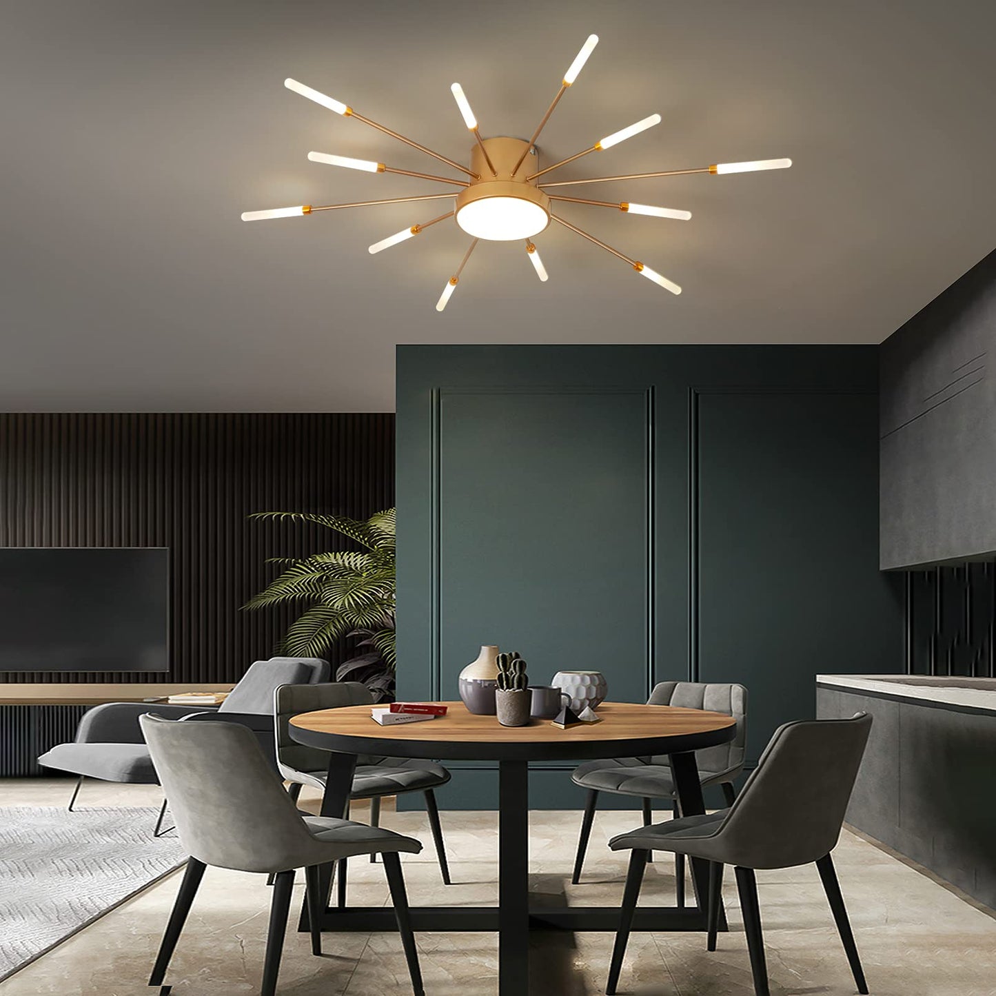 minifair Moderne LED-Deckenleuchte, 12 + 1 Köpfe, halbbündige Deckenleuchte, goldene Kronleuchter, Deckenbeleuchtung für Schlafzimmer, Wohnzimmer, Küche, Esszimmer, Restaurant