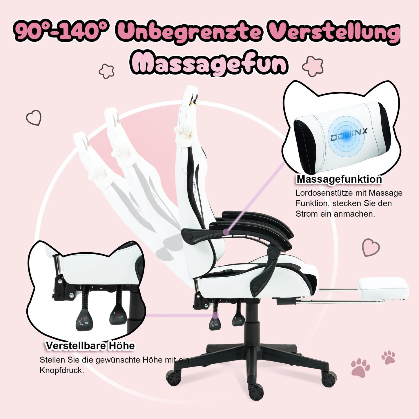 Dowinx Gaming Chair - Cute Cat Edition - Ergonomic Computer Chair with High Back and Lumbar Support, PU Leather, Footrest, Black