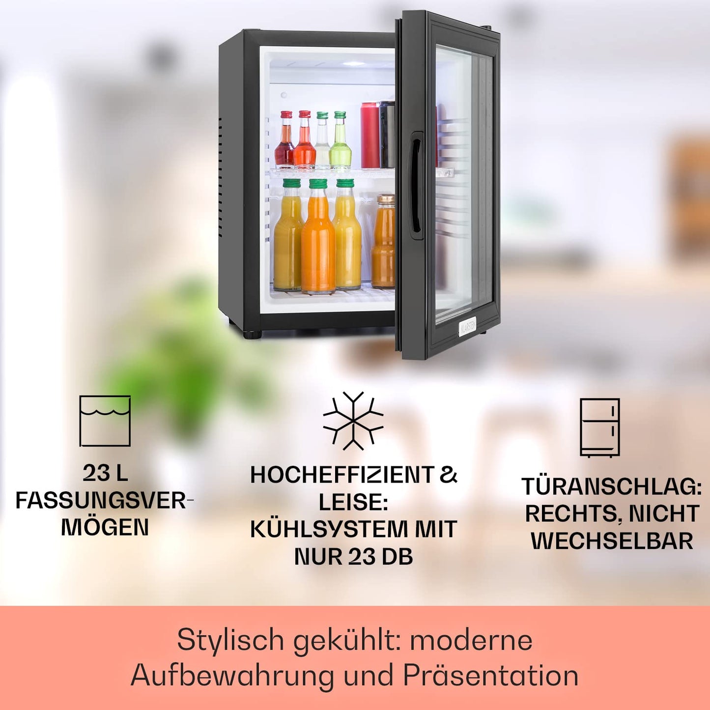 Klarstein Kühlschrank, Mini Kühlschrank mit Glastüre, Mini-Kühlschrank für Getränke, Snacks & Kosmetik, Kühlschrank Klein & Leise, Verstellbare Ablagen, Kleiner Skincare Kühlschrank 12-18°C, 23L