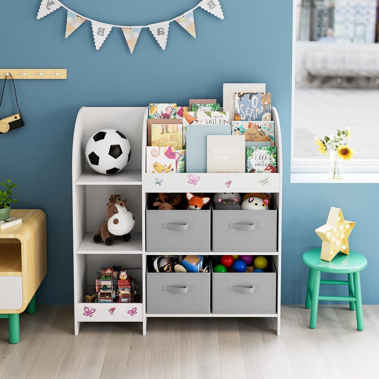 HOCSOK Spielzeugregal 2 Set, Kinderregal mit 4 Aufbewahrungsboxen, Bücherregal Kinder mit 9 Stoffschublade, Spielzeug-Organizer für Kinderzimmer, Schlafzimmer, Kindergarten