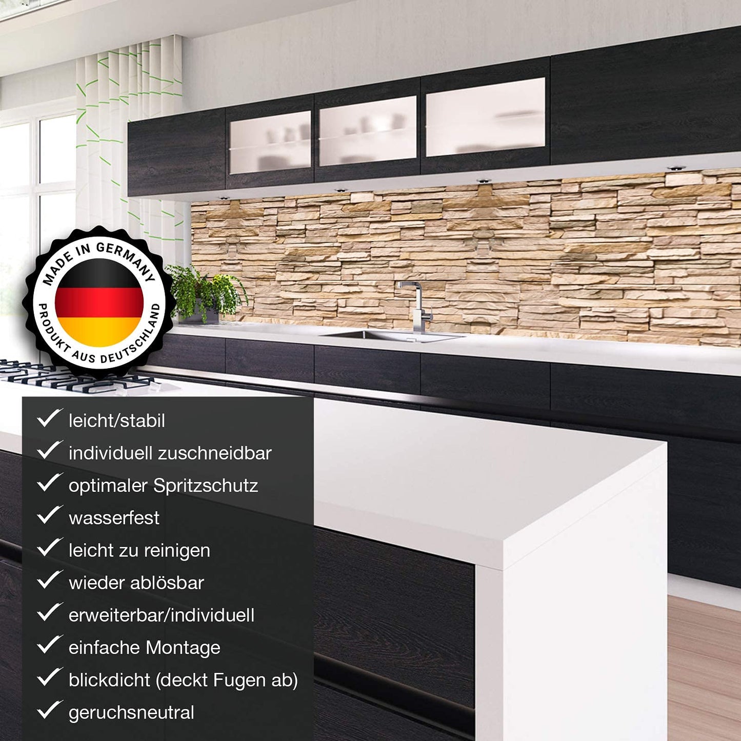 KLINOO Küchenrückwand aus Folie in Steinoptik als Spritzschutz - zuschneidbar und erweiterbar - 97cm x 68cm (Naturstein beige)