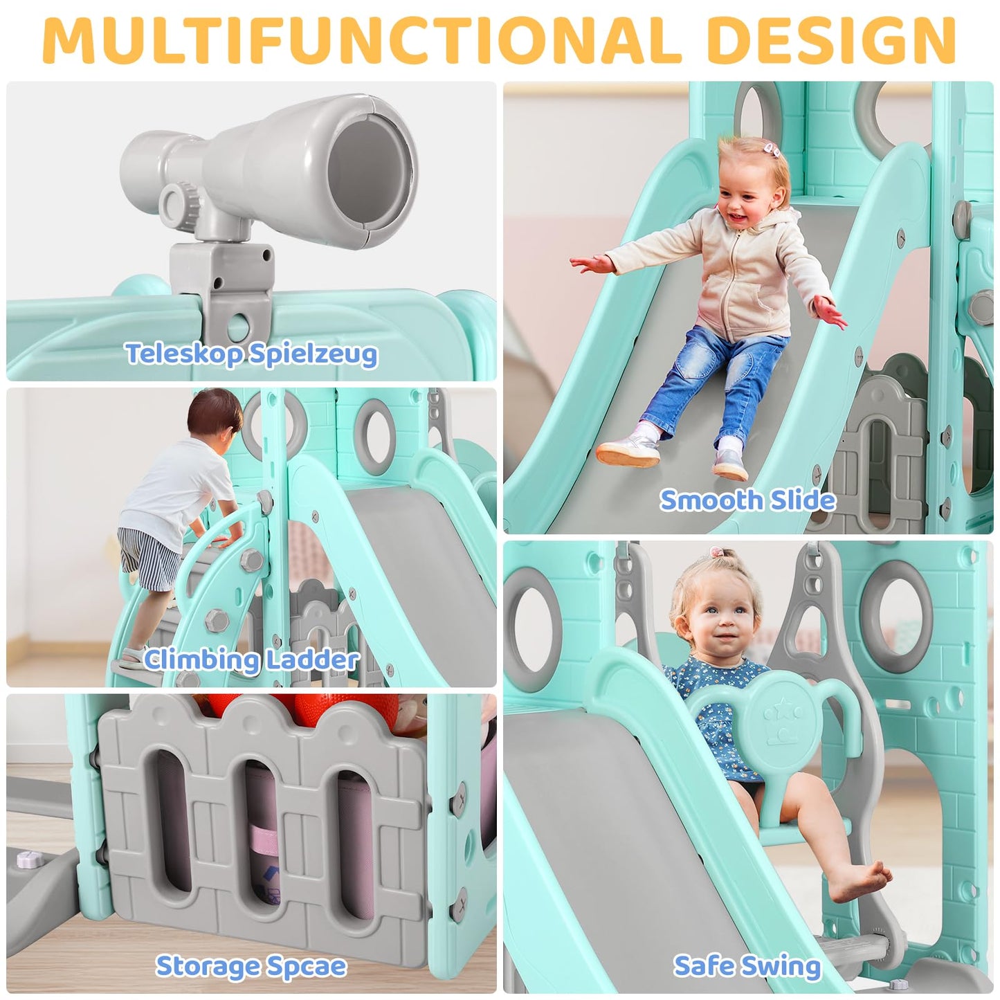 Swing Slide, 5-in-1 Children's Slide with Swing, Climbing Frame, Telescope, Storage, Indoor and Outdoor Freestanding Slide, Playground for Toddlers, for Max 60 kg from 1-6 Years, 2 Pieces Modules