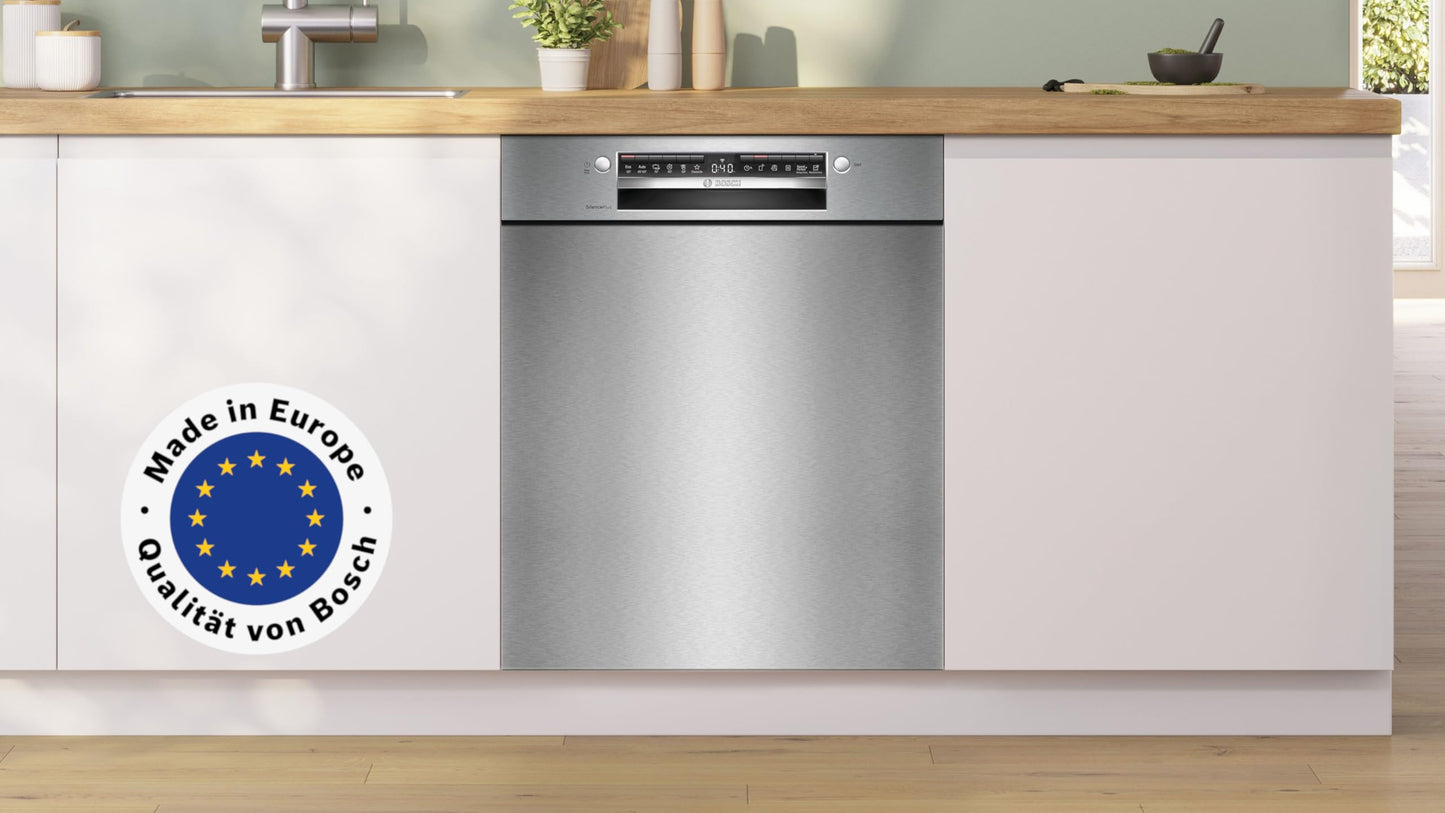 Bosch SMU4ETS08E, Series 4, Smart Undermount Dishwasher, 60 cm, Cutlery Basket, Dishwasher with Program Assistant, Particularly Quiet, Height-Adjustable Upper Basket, Automatic Door Opening, Stainless