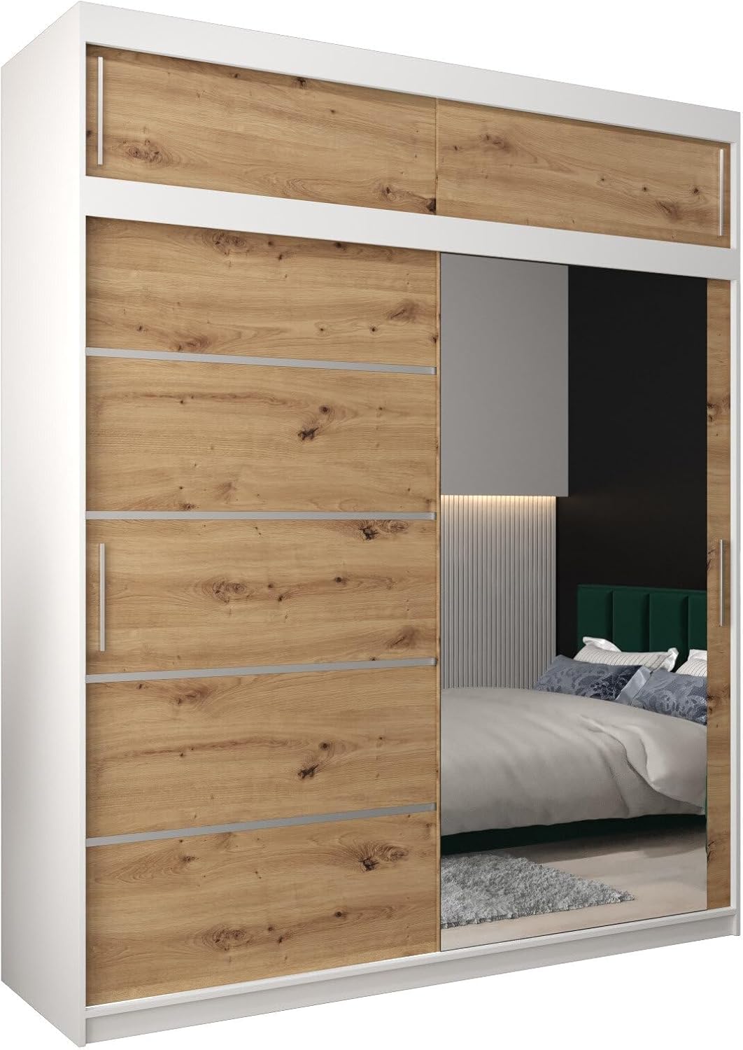 MEBLE KRYSPOL Kleiderschrank mit Spiegel Verona 2 - Garderobenschrank - Schrank Schlafzimmer - Mehrzweckschrank DREI Schiebetüren - Regalen - Flur Möbel - Kleiderstange Schrank - Allzweckschrank