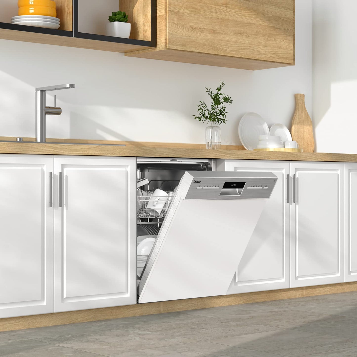 Midea MDWEU1435XSS-W Dishwasher, Integrated, 14 Place Settings, 60 cm, Partially Integrated with WiFi, Extra Drying, 7 Programmes, 47 dB, 0-24 Hours Start Time Delay, Stainless Steel