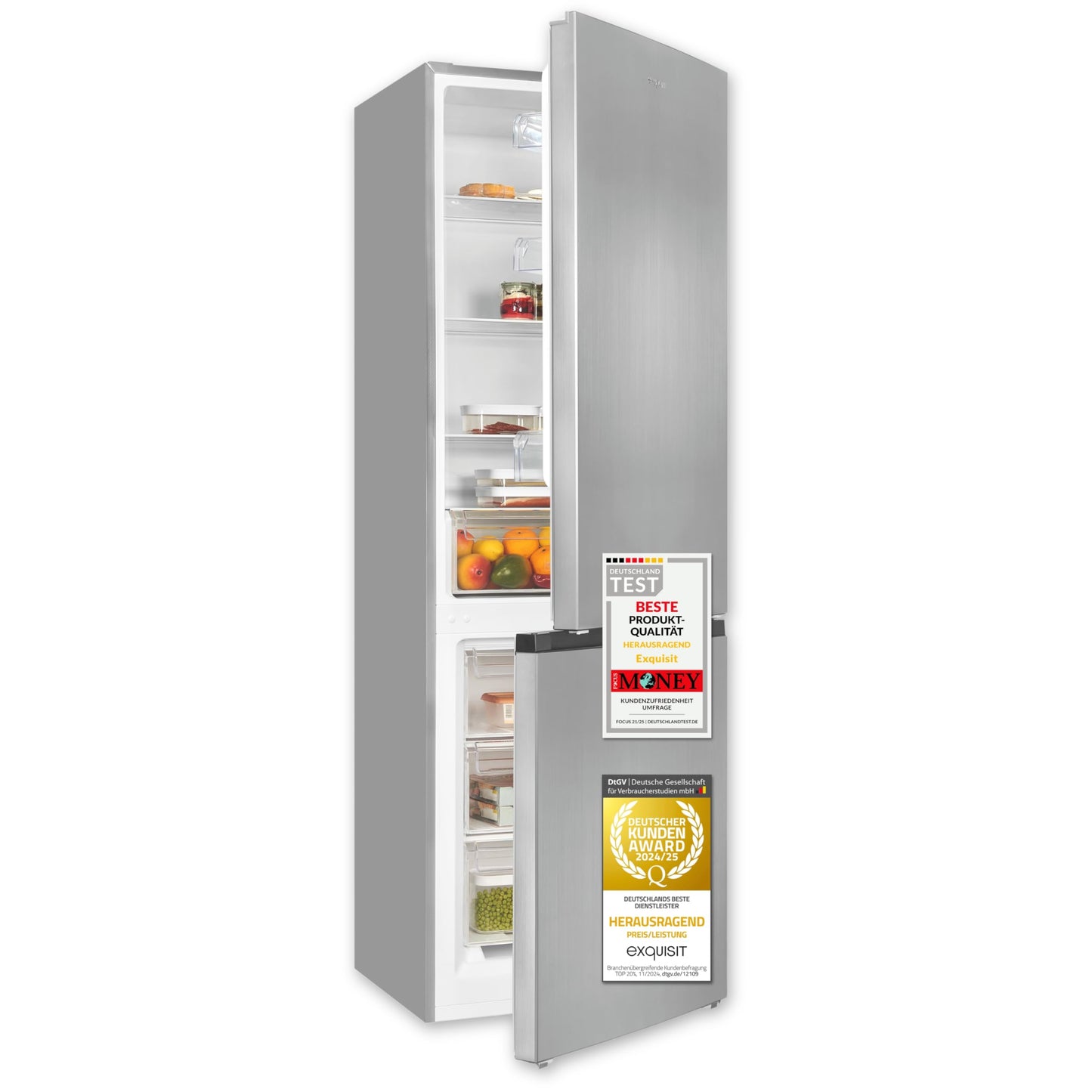 Exquisit Kühl-Gefrierkombination, 186 cm Höhe, Kühlschrank mit Gefrierfach, 4-Sterne-Gefrieren, 315 Liter, Alarm-Funktion, KGC5320-95-E-040C inoxlook-az