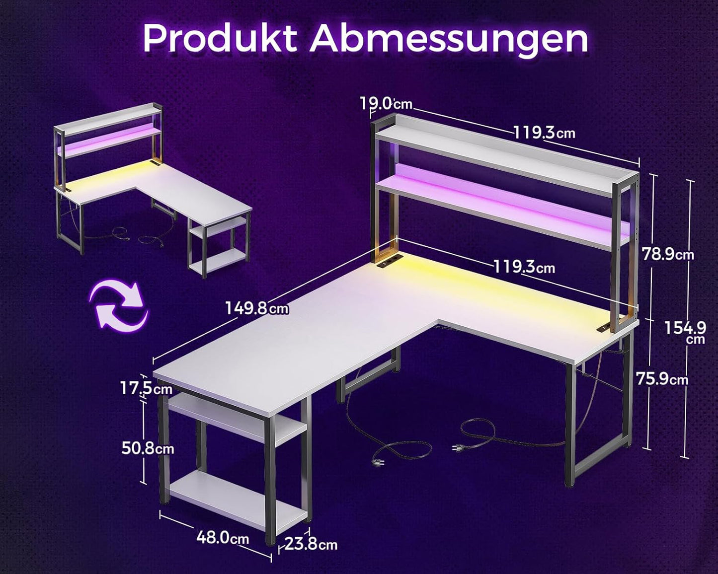 ODK Eckschreibtisch Weiß mit Stall, 150×120 cm Reversibel Gaming Tish L Form mit LED, Computertisch mit USB-Ladeanschluss&Steckdose, Gaming Schreibtisch für das Heimbüro