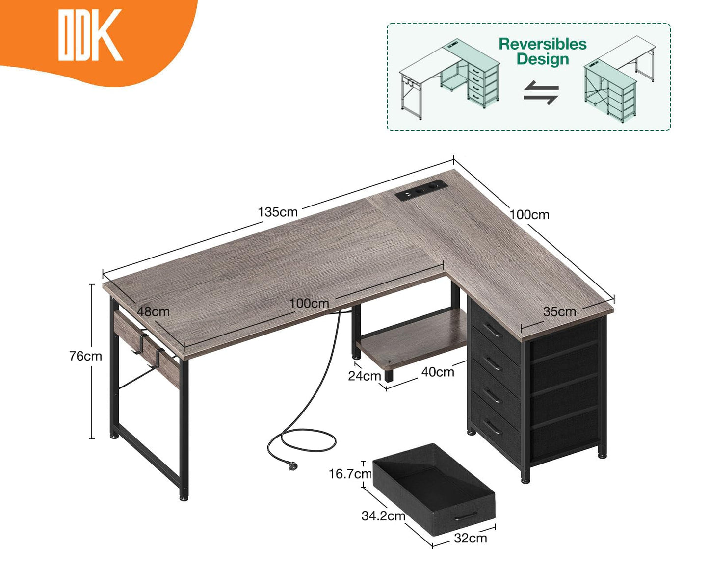 ODK Corner Desk with 4 Drawers, 135 x 100 cm, L Shape Desk with Socket and USB Charging Port, Reversible Desk with Storage Space for Home Office and Gaming, Black