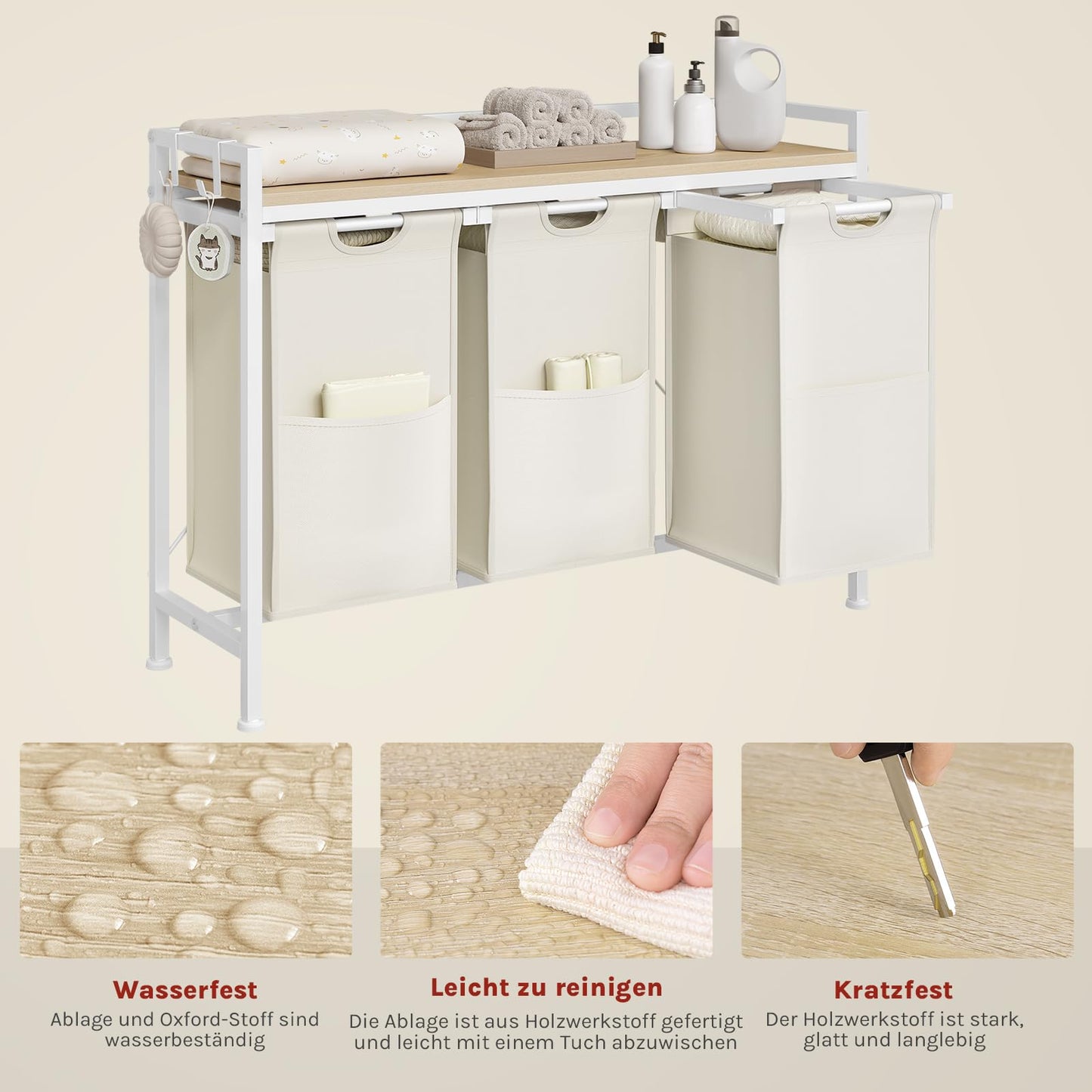 WOLTU Laundry Basket, 3 Compartments, Each 40 L, Laundry Hamper with Shelf Metal Frame, Oxford Fabric Laundry Bag, Extendable, Removable, Laundry Sorter, Laundry Container, White