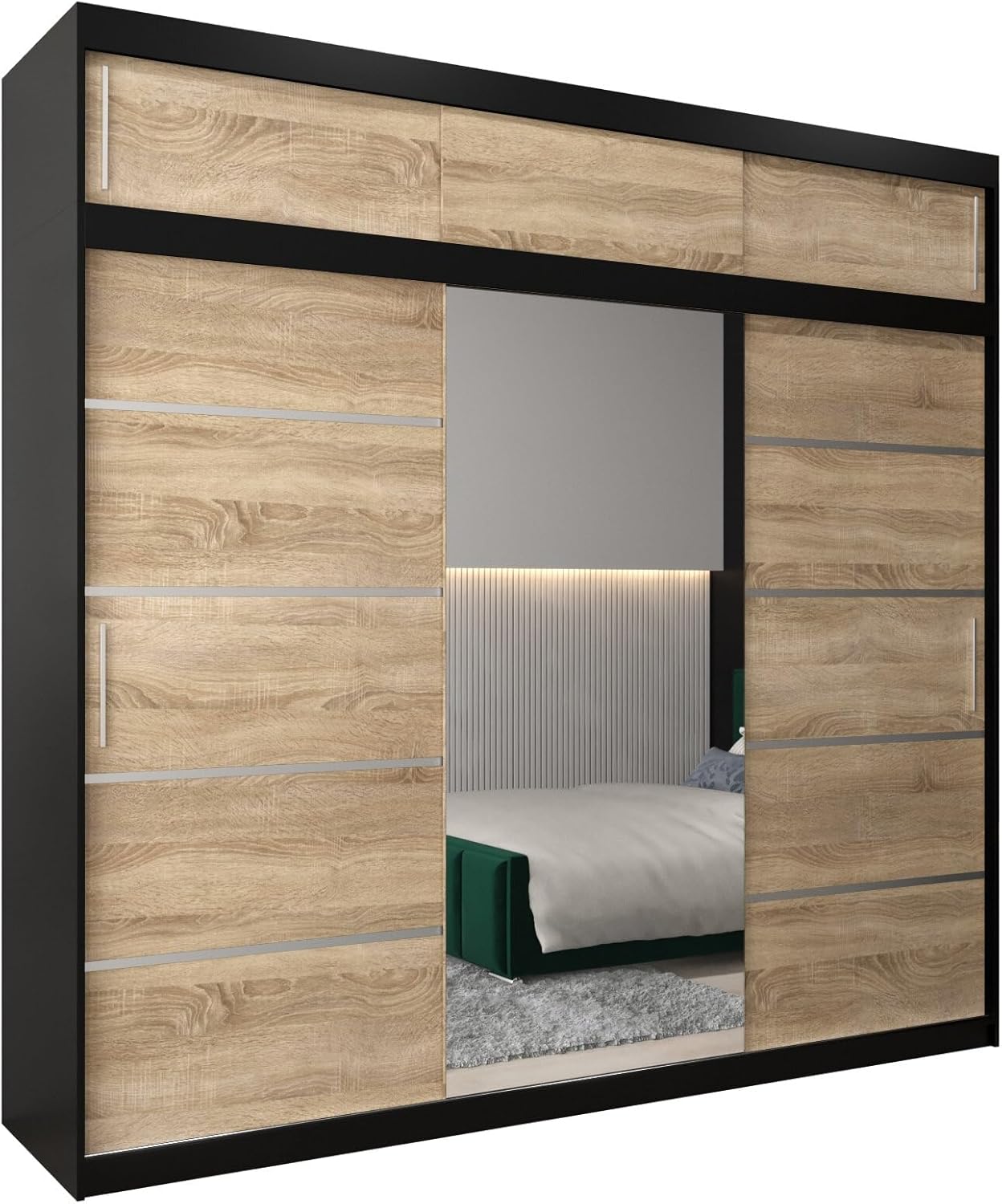 MEBLE KRYSPOL Kleiderschrank mit Spiegel Verona 2 - Garderobenschrank - Schrank Schlafzimmer - Mehrzweckschrank DREI Schiebetüren - Regalen - Flur Möbel - Kleiderstange Schrank - Allzweckschrank