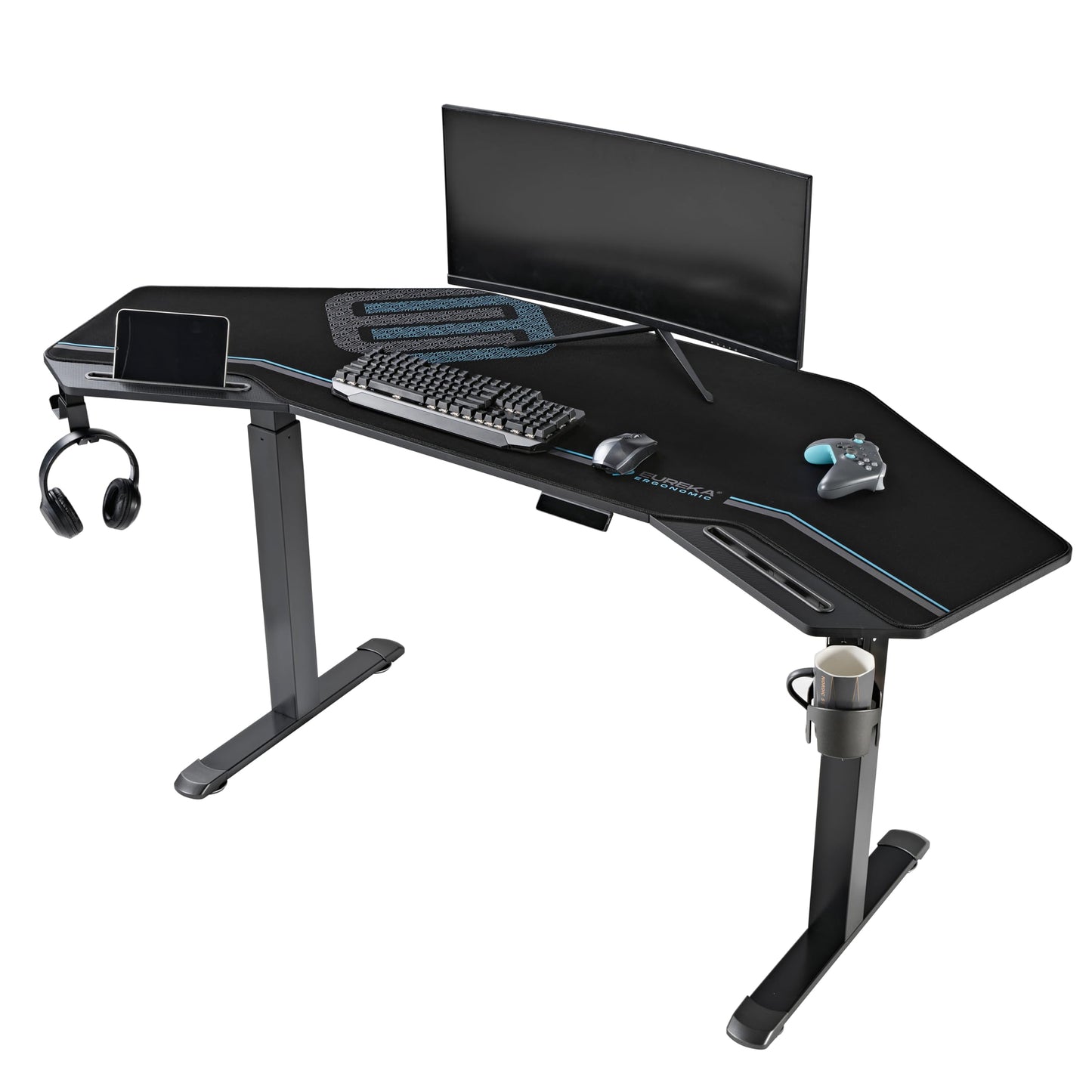 EUREKA ERGONOMIC Height Adjustable Desk 182 x 76 cm Standing Desk in Wing Shape Gaming Table Height Adjustable Electric Large Gaming Desk with LED Monitor Stand and Keyboard Shelf