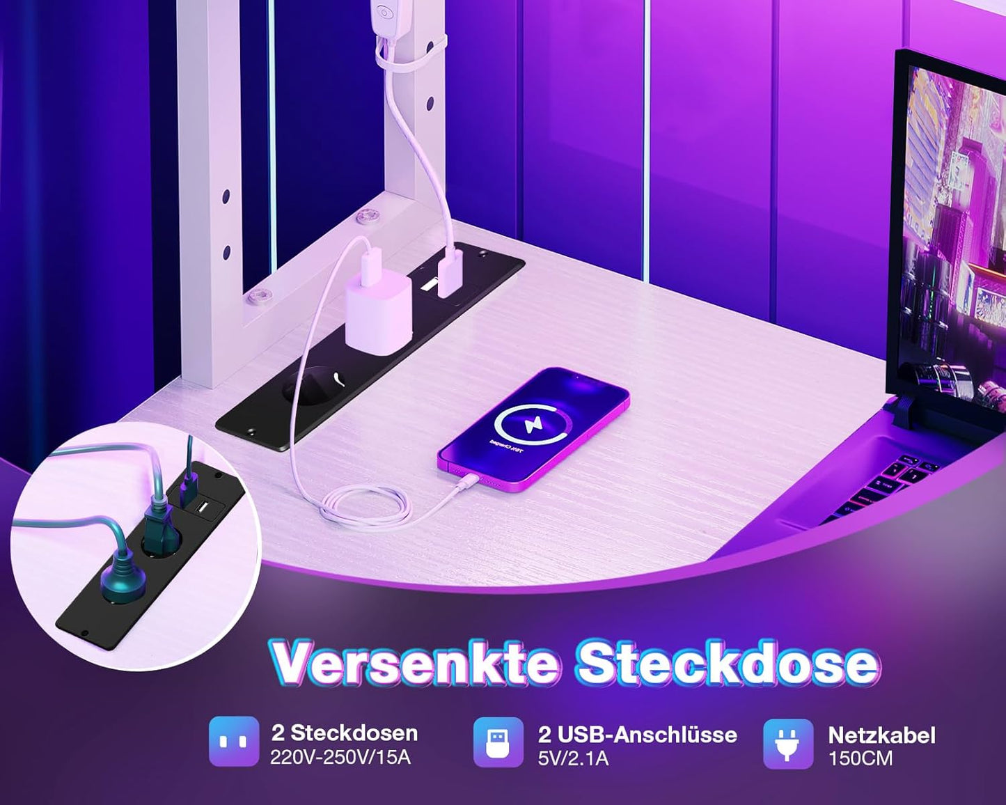 Coleshome Gaming Tisch L Form mit LED & Steckdosen, 135 × 100 cm Reversibel Gaming Schreibtisch mit Ablageregalen, Eckschreibtisch mit Aufbewahrungstasche für Homeoffice und Gaming, Schwarz