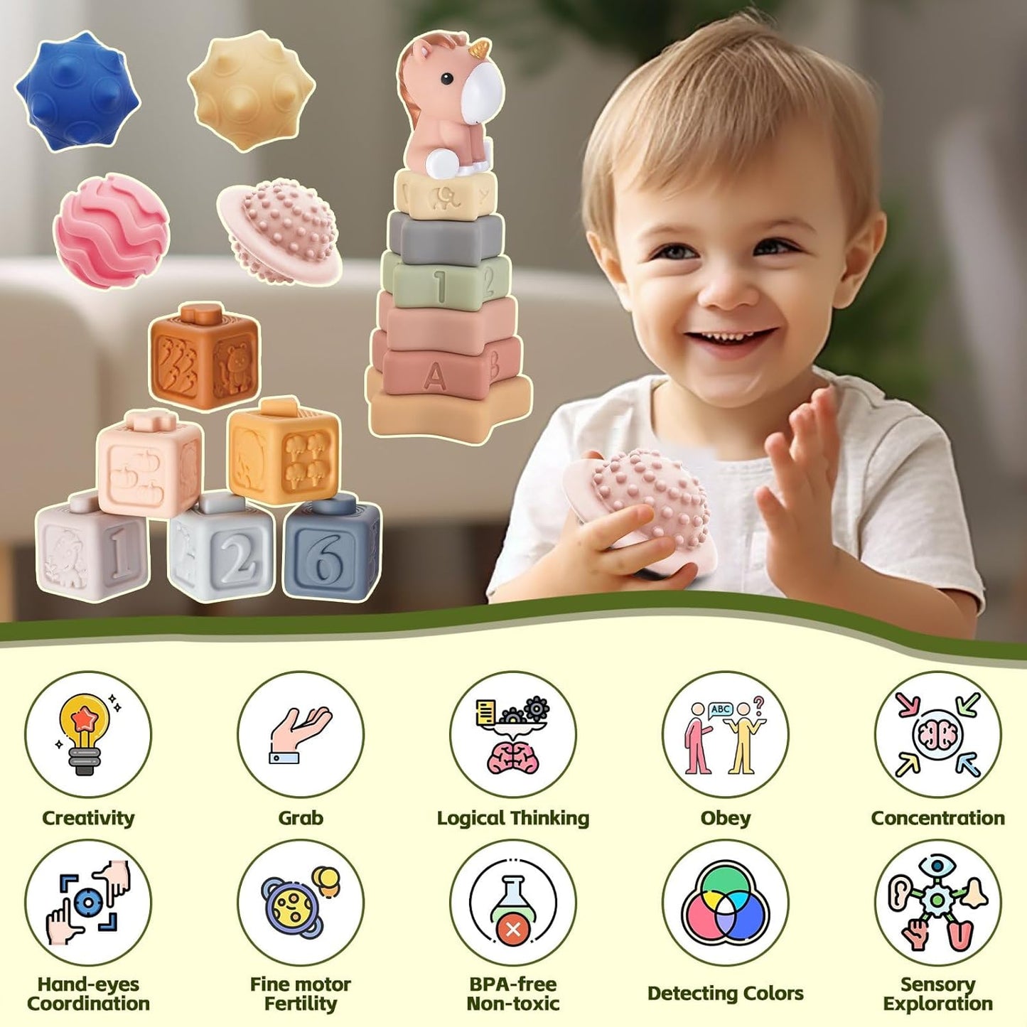 JOKSNK Montessori Spielzugug ab 1 Jahr, 5 In 1 Babyspielzeug, Gestapelter Turm, Tissue -Boxen, Gestapelte Spielzeuge, Squeeze BäLle, Geschenk FüR Jungen Und MäDchen Von 6 9 12 Monaten 1 2 3 Jahre