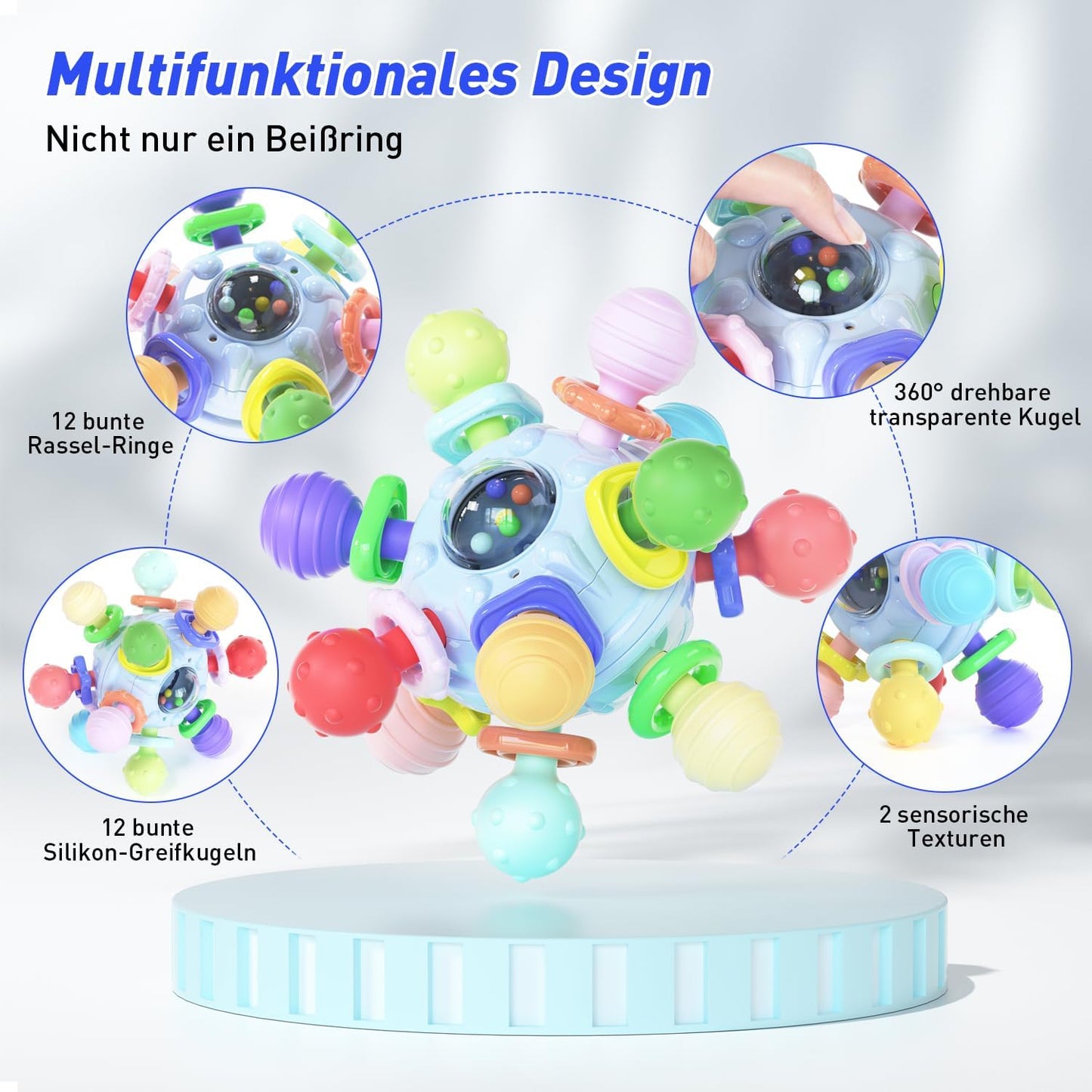 Baby Toy, Baby from 0-3 Months, Silicone Teething Ring, Sensory Rattle Grab Ball, Baby Toy Made of Silicone, Montessori Motor Skills Toy, Baby Rattle for Babies from 3-18 Months