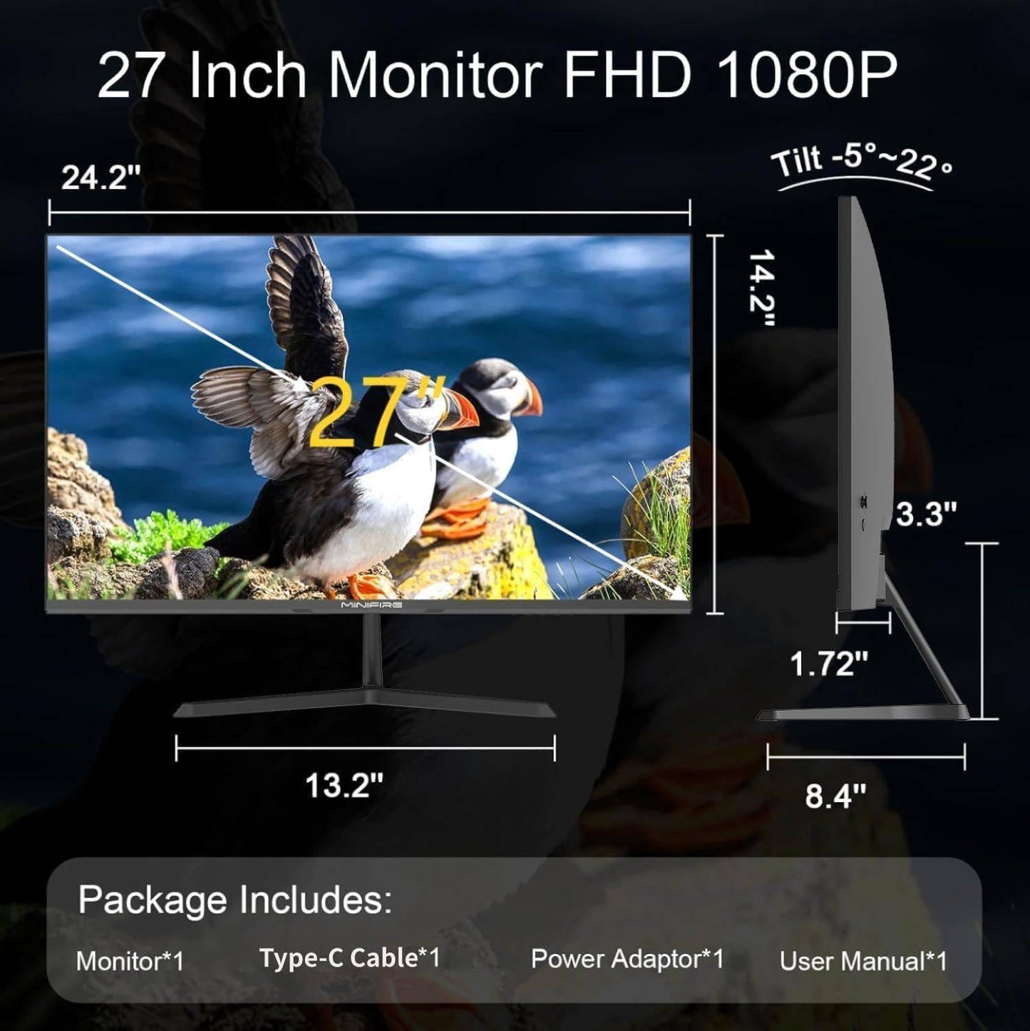 Minifire 27-Inch Monitor, 100 Hz, Anti-Flicker, Full HD, 1080p Monitor PC Screen with HDMI VGA Ports (MF27X3AL HDMI Cable Included)