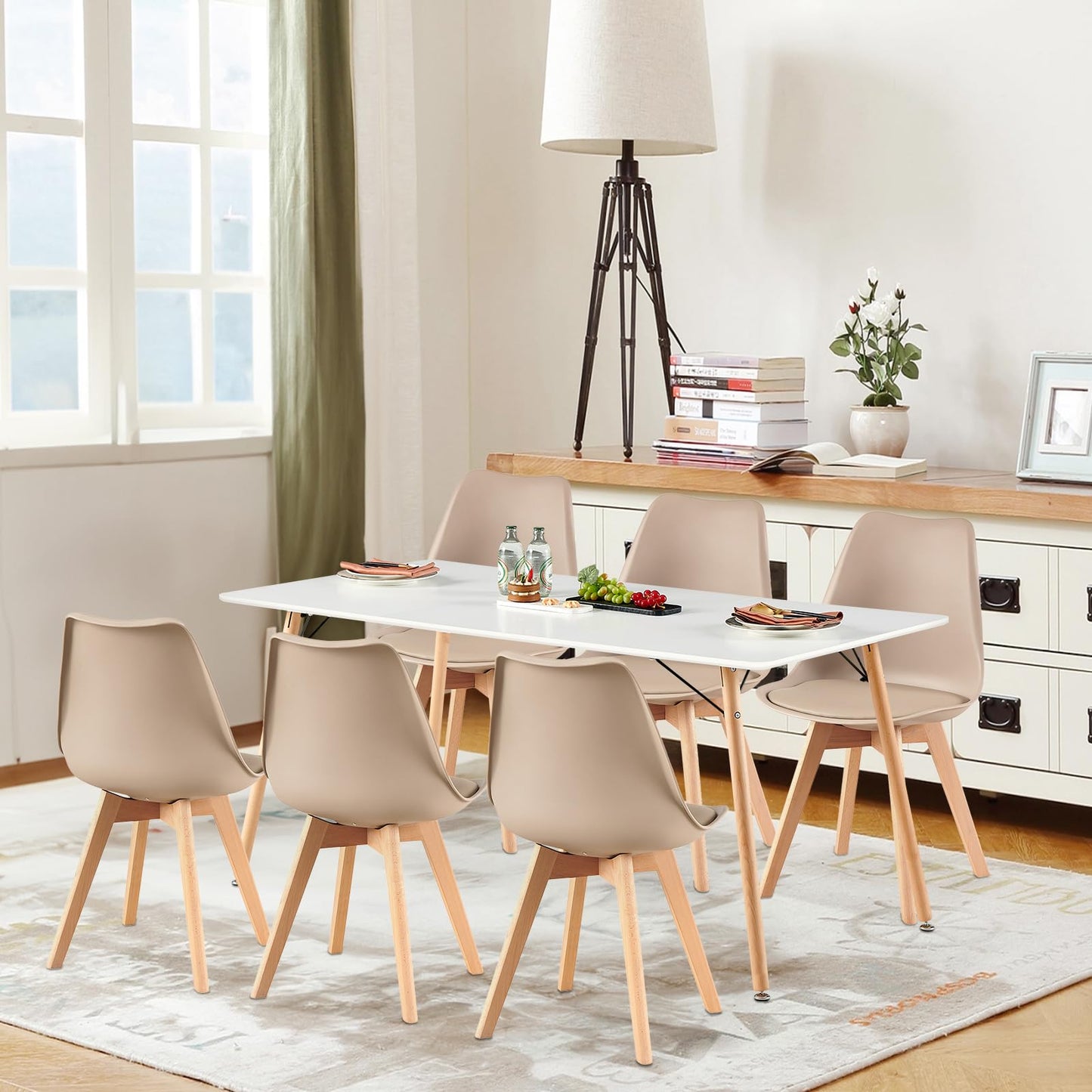 H.J WeDoo Esszimmergruppe mit 4 Essstühlen, Rechteckig Esstisch und Stühle für Esszimmer, Küche, Wohnzimmer, Weißer Esstisch und Graue Stühle