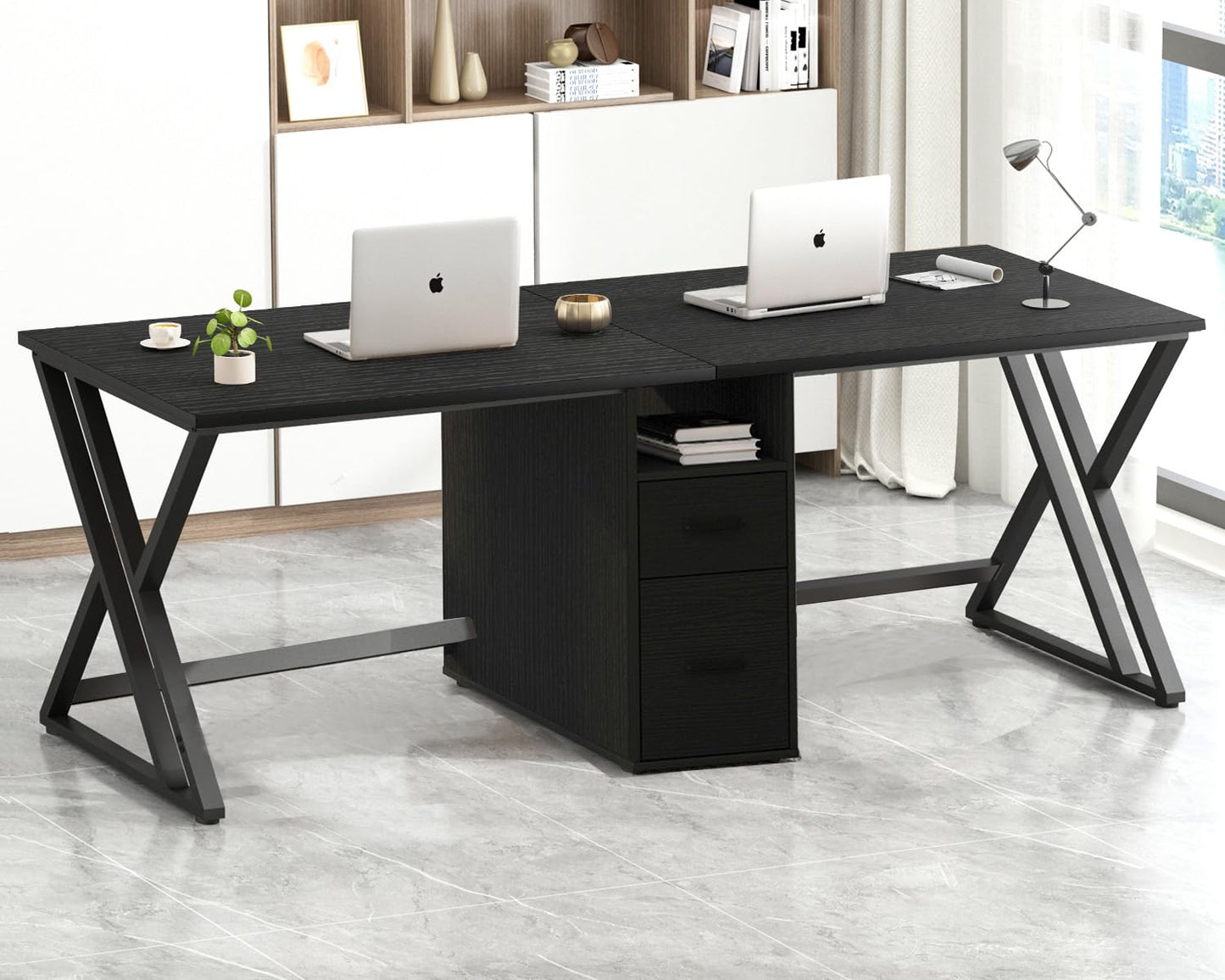 LVB Schwarz Large Double Industrial Computer-Schreibtisch mit Schubladen, Extra Lange Gaming-Tabelle mit Lagerung Schrank Regale, Holz-Metall-Computer-Schreibtisch