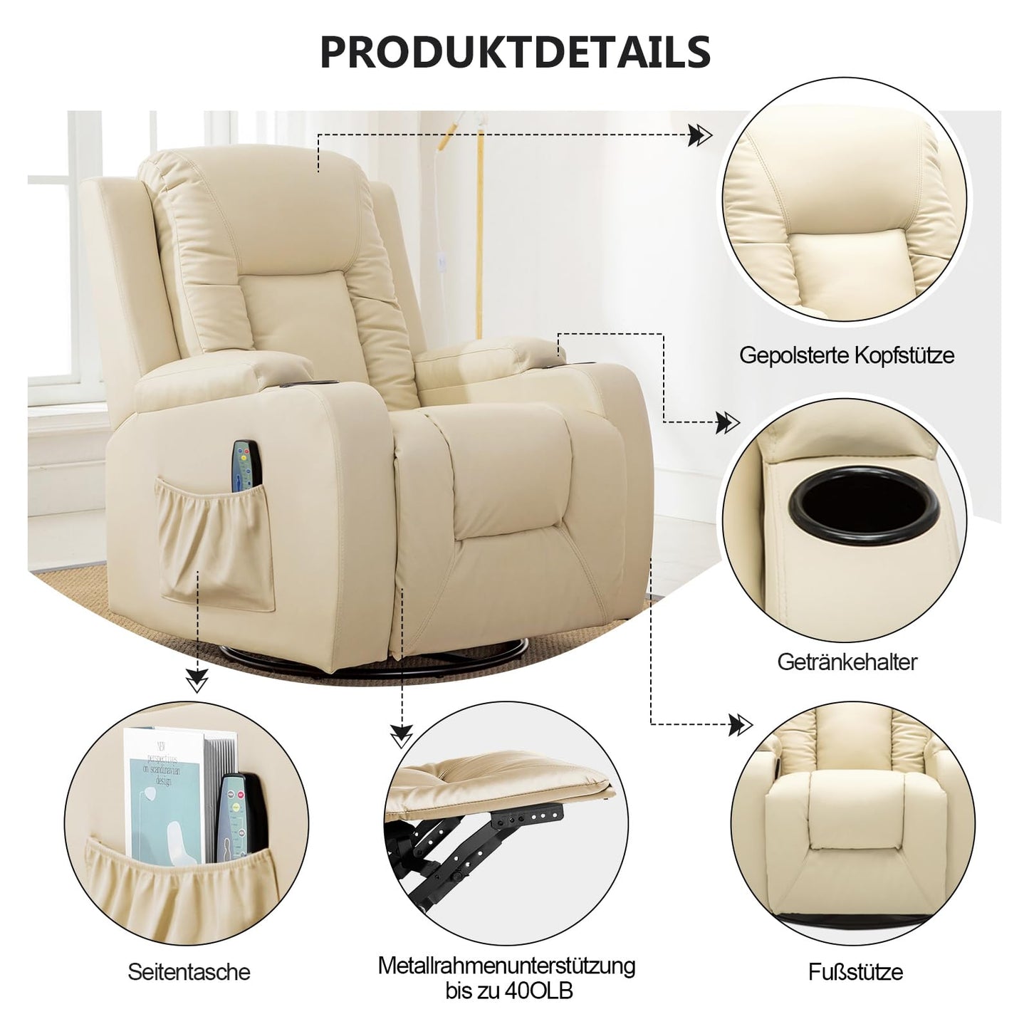 COMHOMA Relaxsessel-Set, Sofa, Sofa-Set aus Kunstleder, Fernsehsessel Ruhesessel Liegesessel mit Liege-Funktion Polstersessel Schlafsessel für Wohnzimmer Schlafzimmer Heimkino,Schwarz, 3+2+1