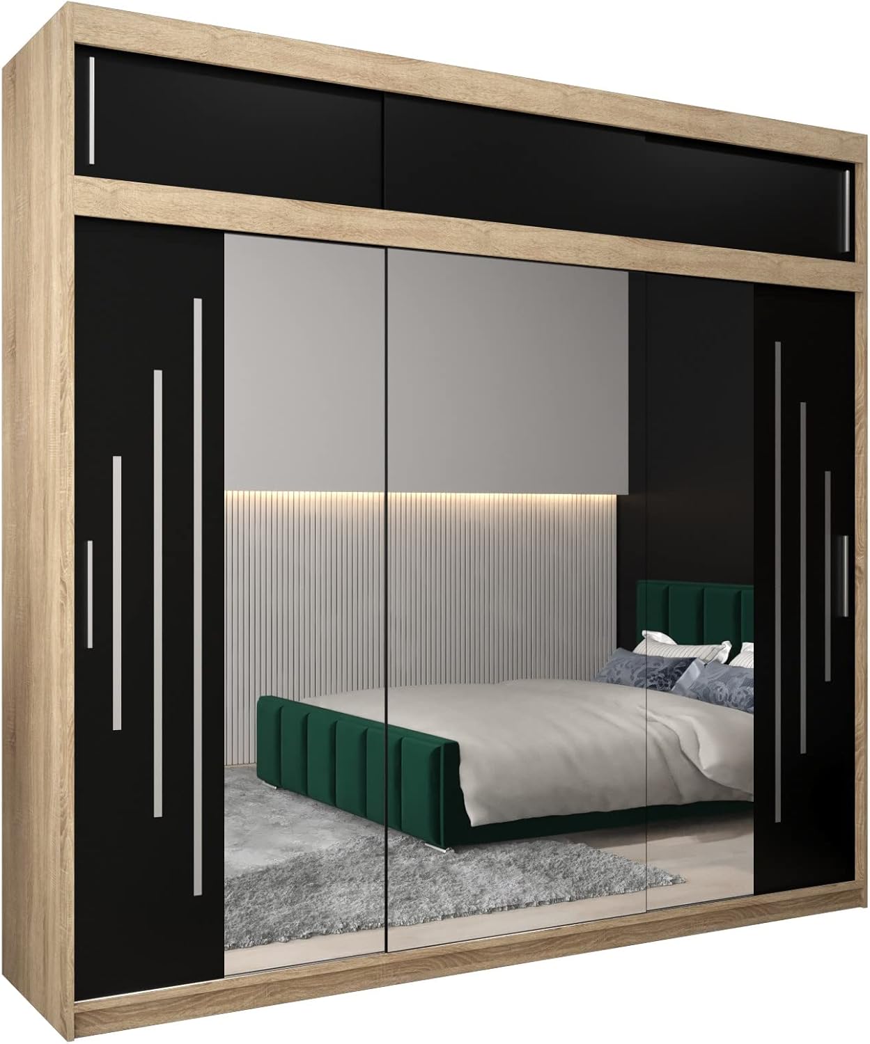 MEBLE KRYSPOL Kleiderschrank mit Spiegel York 2 - Garderobenschrank - Schrank Schlafzimmer - Mehrzweckschrank Zwei Schiebetüren - Regalen - Flur Möbel - Kleiderstange Schrank - Allzweckschrank