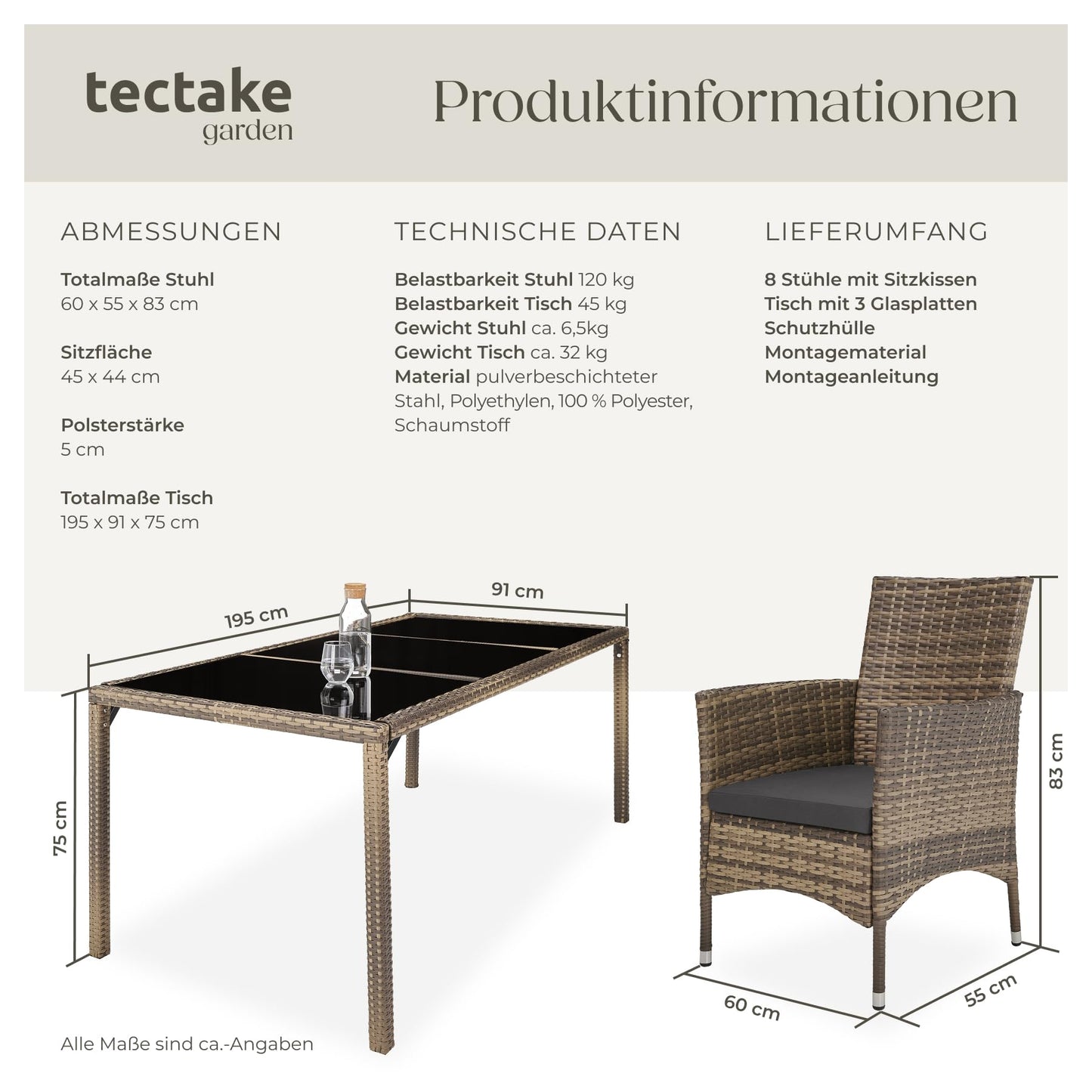 tectake® edles Outdoor Gartenmöbel Set Rattan Sitzgruppe mit Sessel und Tisch für 8 Personen, inkl. Schutzhülle und Polstern, Balkon Möbel wetterfest - Natur/dunkelgrau