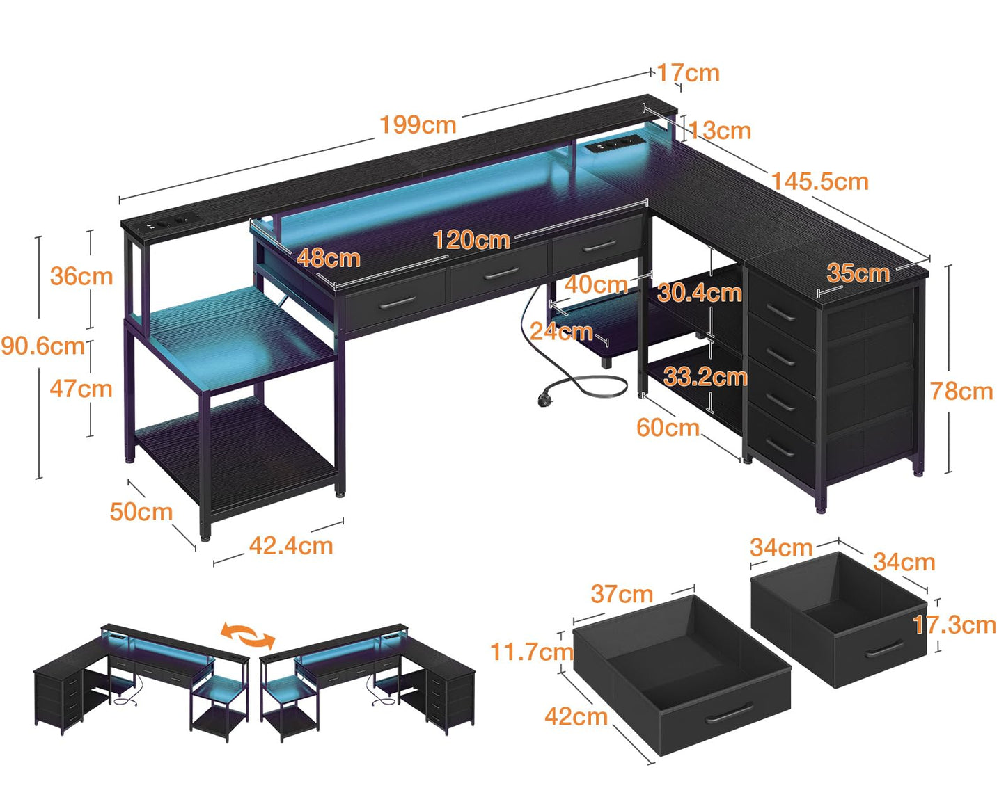 Coleshome Gaming Tisch mit 7 Schubladen & Großzügigem Stauraum, Eckschreibtisch mit RGB LED, Reversibler Schreibtisch L Form mit 2 Steckdosen, Ideal für Büro & Gaming, 179.5×135.5cm, Weiß